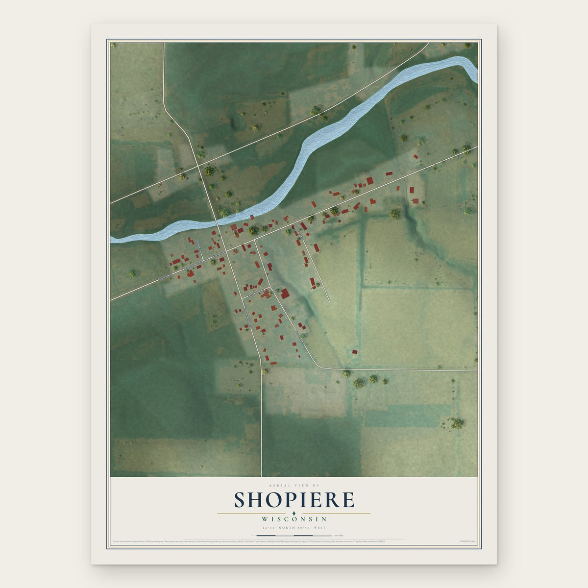 Shopiere, Wisconsin map print, the full design