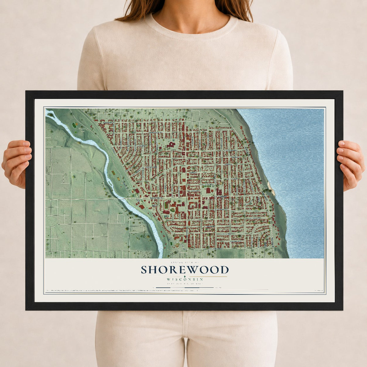 Map of Shorewood, Wisconsin, 12 x 18 inch print in a black wood frame