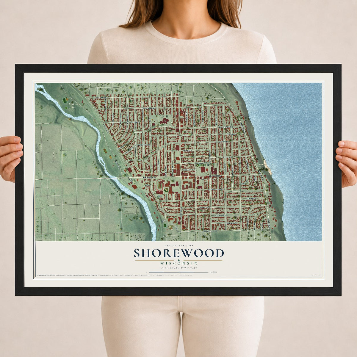 Map of Shorewood, Wisconsin, 18 x 24 inch print in a black wood frame