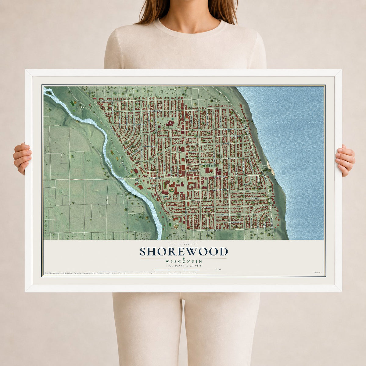 Map of Shorewood, Wisconsin, 24 x 36 inch print in a white wood frame