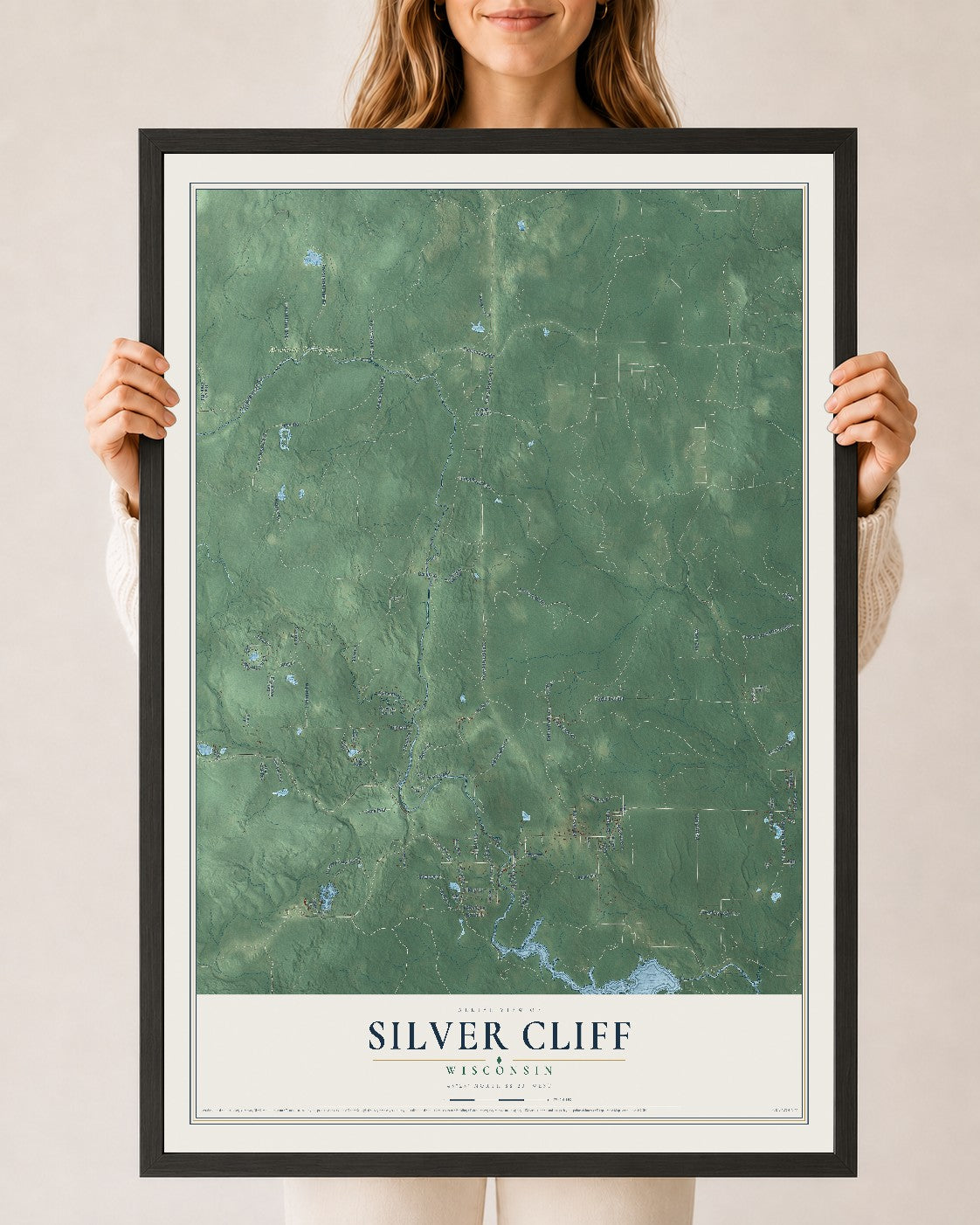 Map of Silver Cliff, Wisconsin, 24 x 36 inch print in a black wood frame