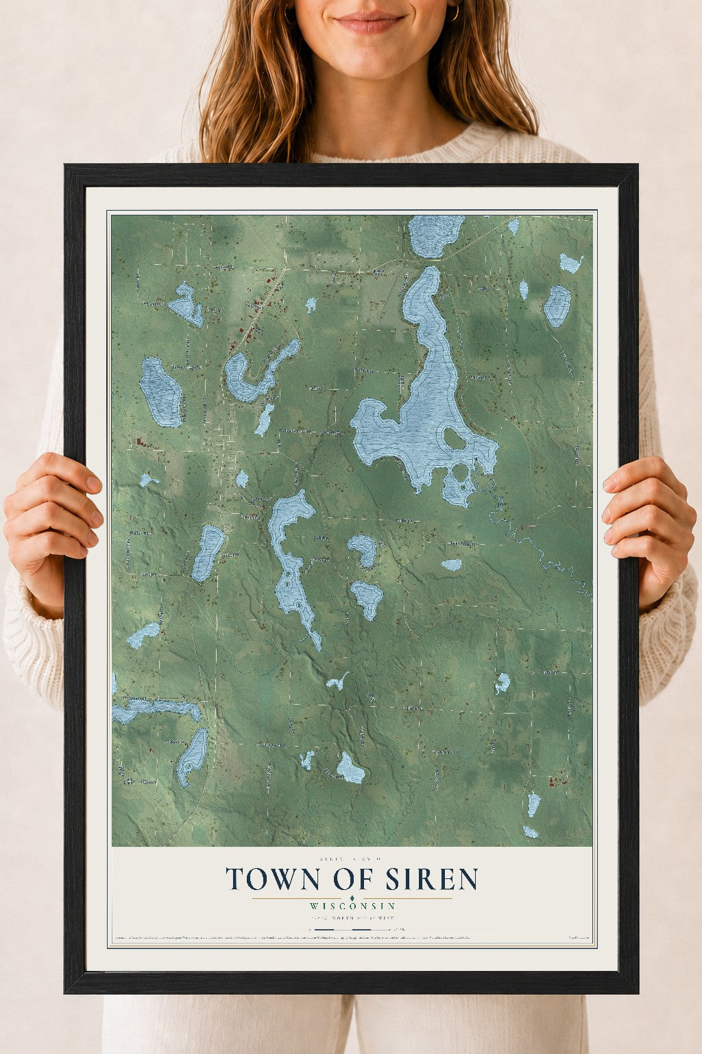 Map of the Town of Siren, Wisconsin, 18 x 24 inch print in a black wood frame