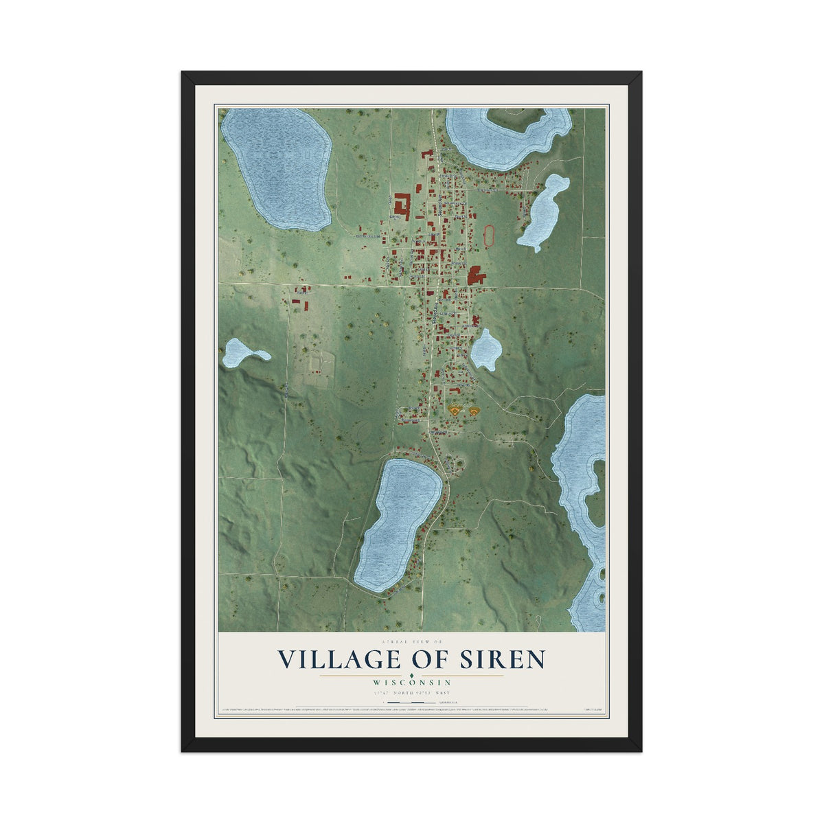 Map of Siren, Wisconsin, 12 x 18 inch print in a black wood frame
