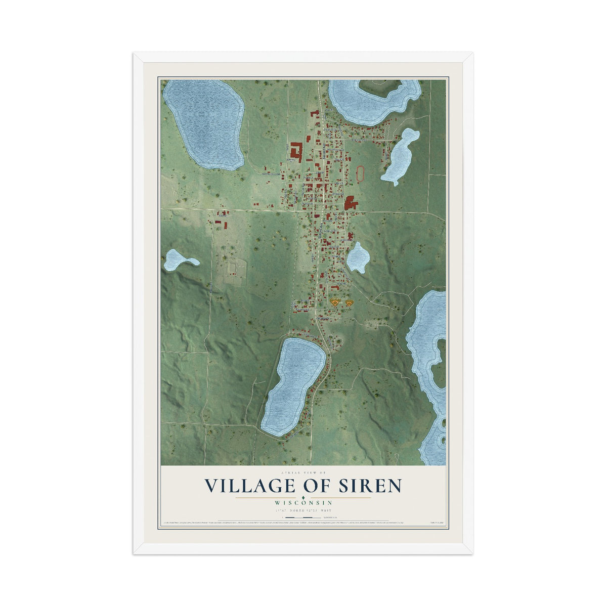 Map of Siren, Wisconsin, 12 x 18 inch print in a white wood frame