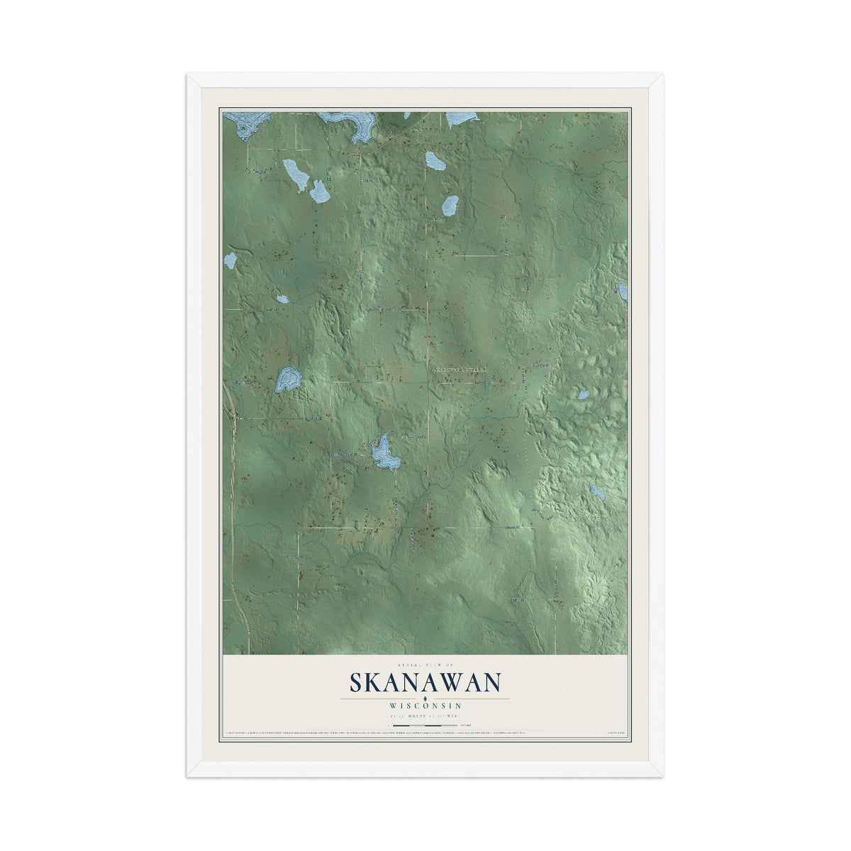 Map of Skanawan, Wisconsin, 12 x 18 inch print in a white wood frame