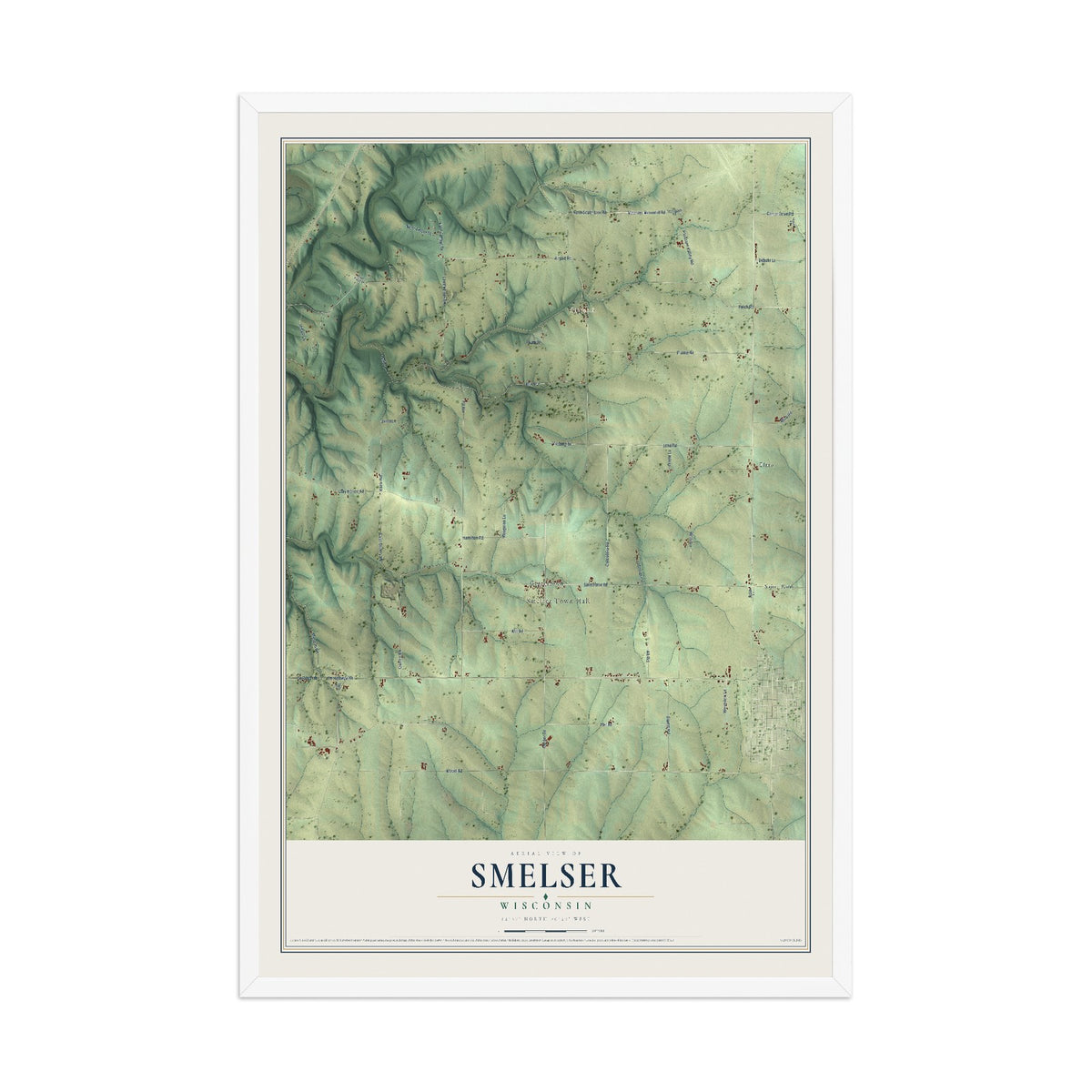 Map of Smelser, Wisconsin, 12 x 18 inch print in a white wood frame