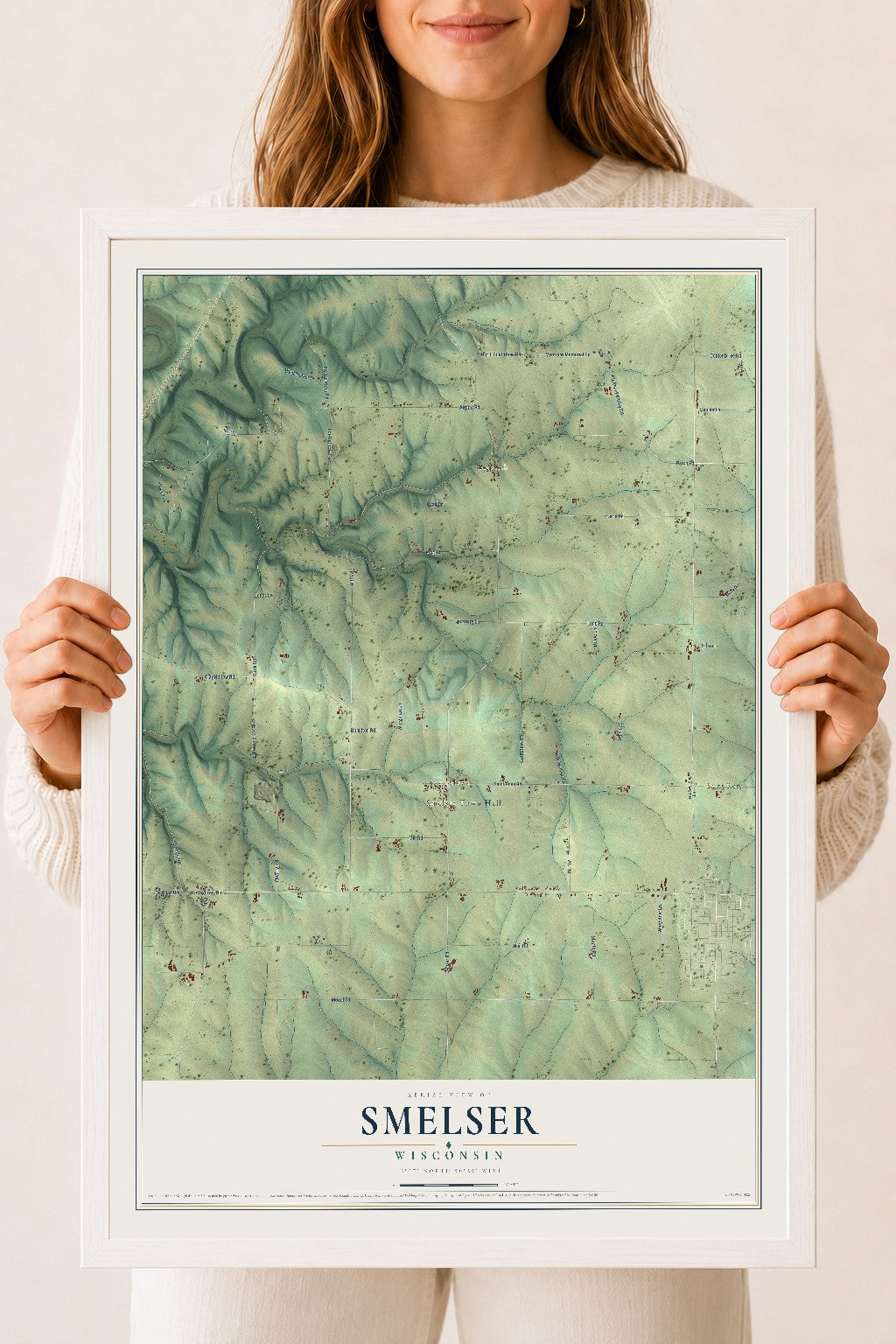 Map of Smelser, Wisconsin, 18 x 24 inch print in a white wood frame