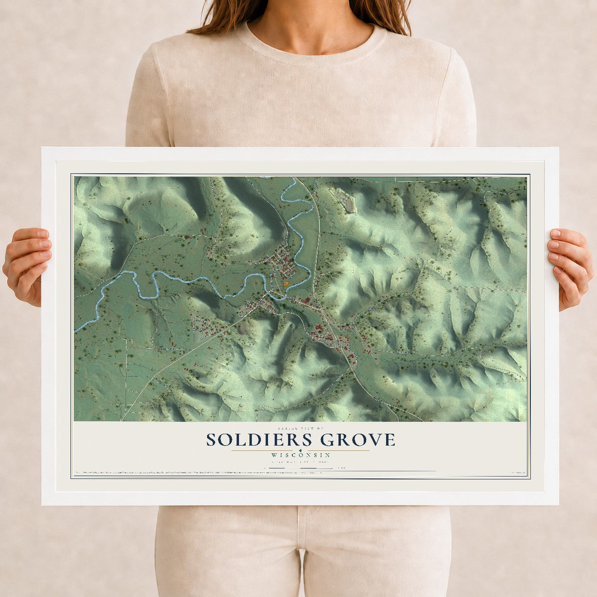 Map of Soldiers Grove, Wisconsin, 12 x 18 inch print in a white wood frame