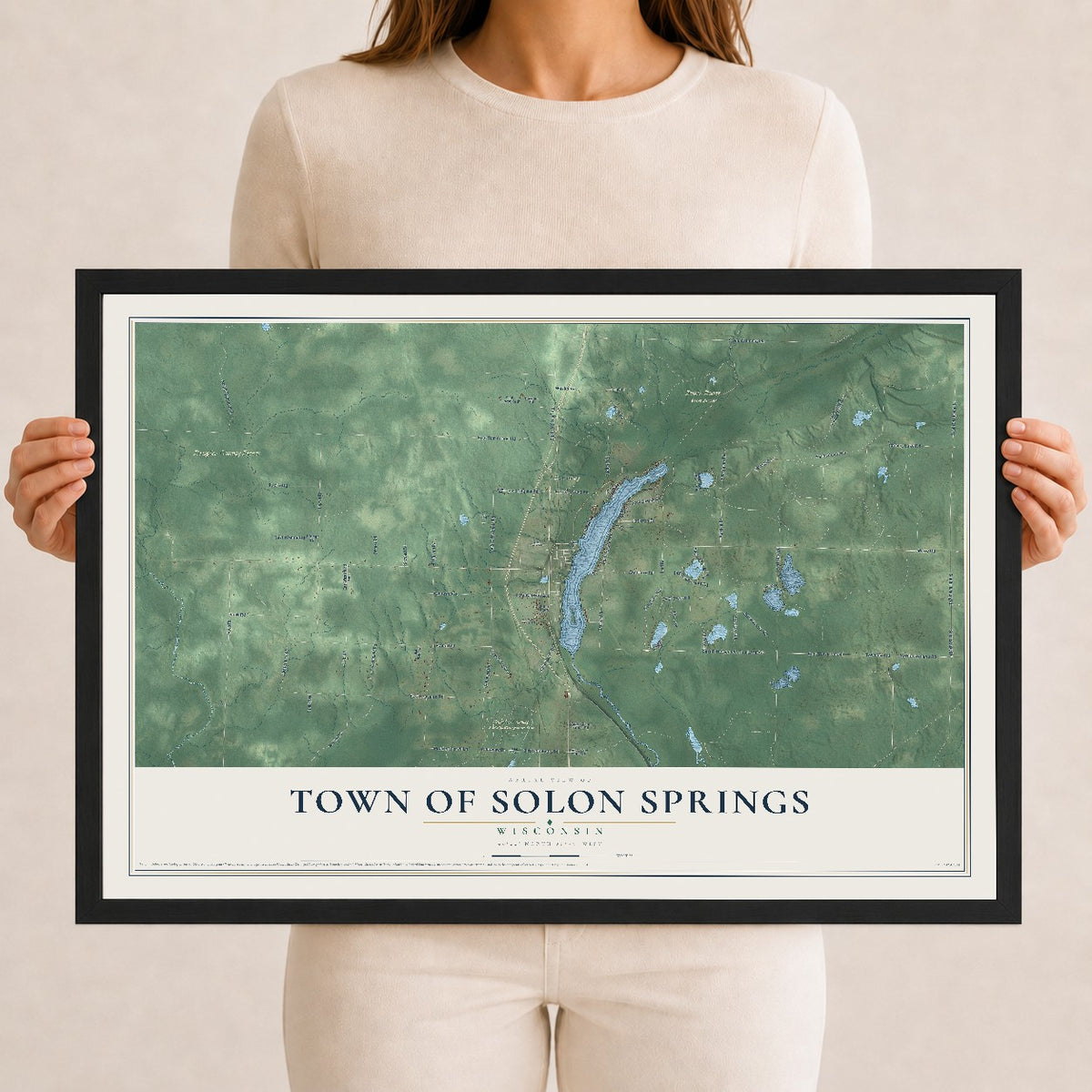 Map of the Town of Solon Springs, Wisconsin, 12 x 18 inch print in a black wood frame