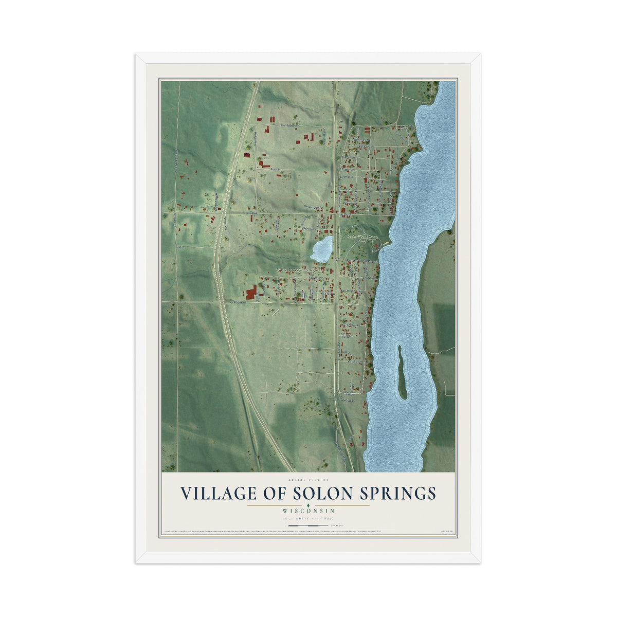 Map of Solon Springs, Wisconsin, 12 x 18 inch print in a white wood frame