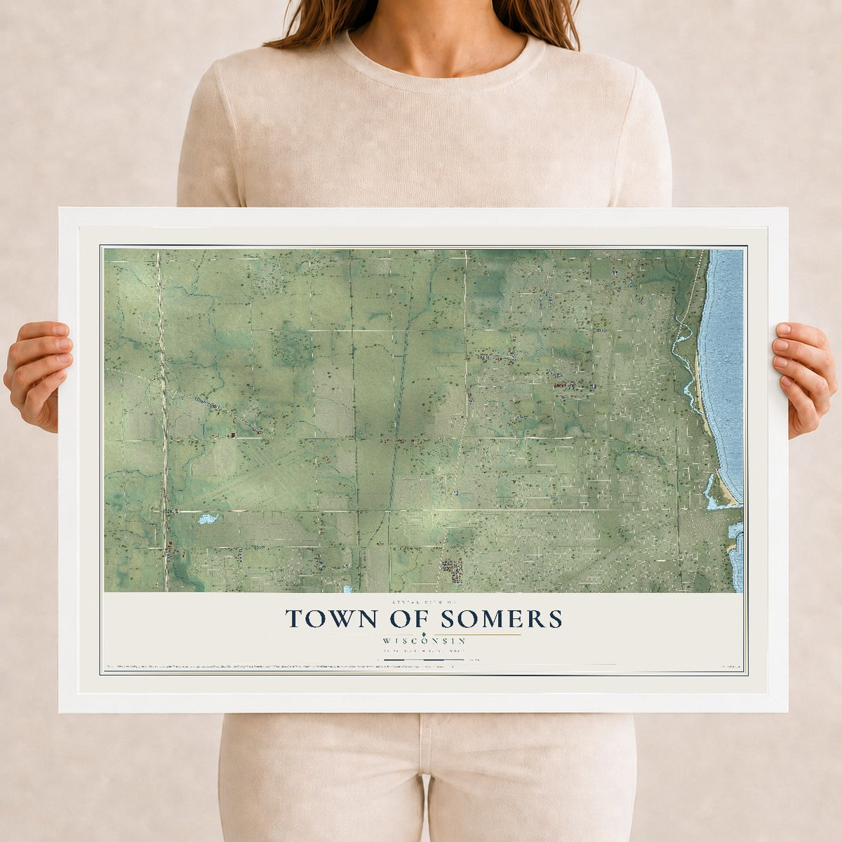 Map of the Town of Somers, Wisconsin, 12 x 18 inch print in a white wood frame