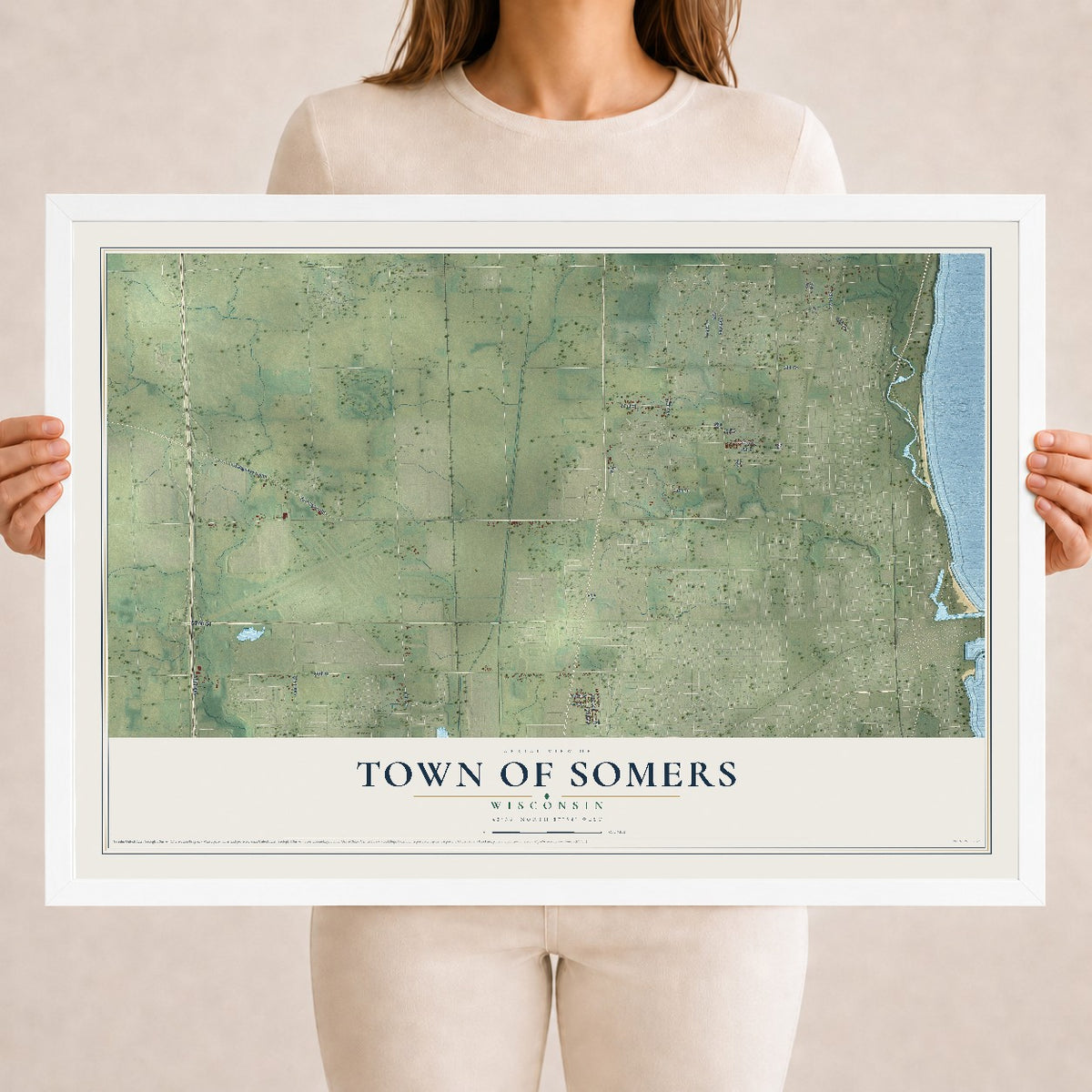 Map of the Town of Somers, Wisconsin, 18 x 24 inch print in a white wood frame
