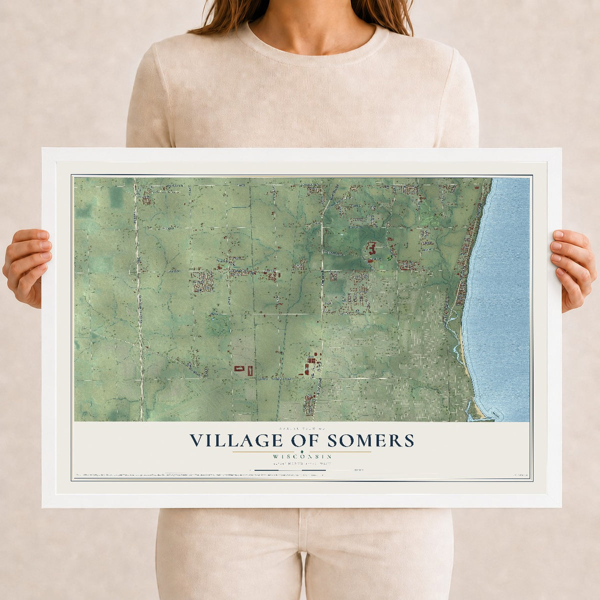 Map of Somers, Wisconsin, 12 x 18 inch print in a white wood frame