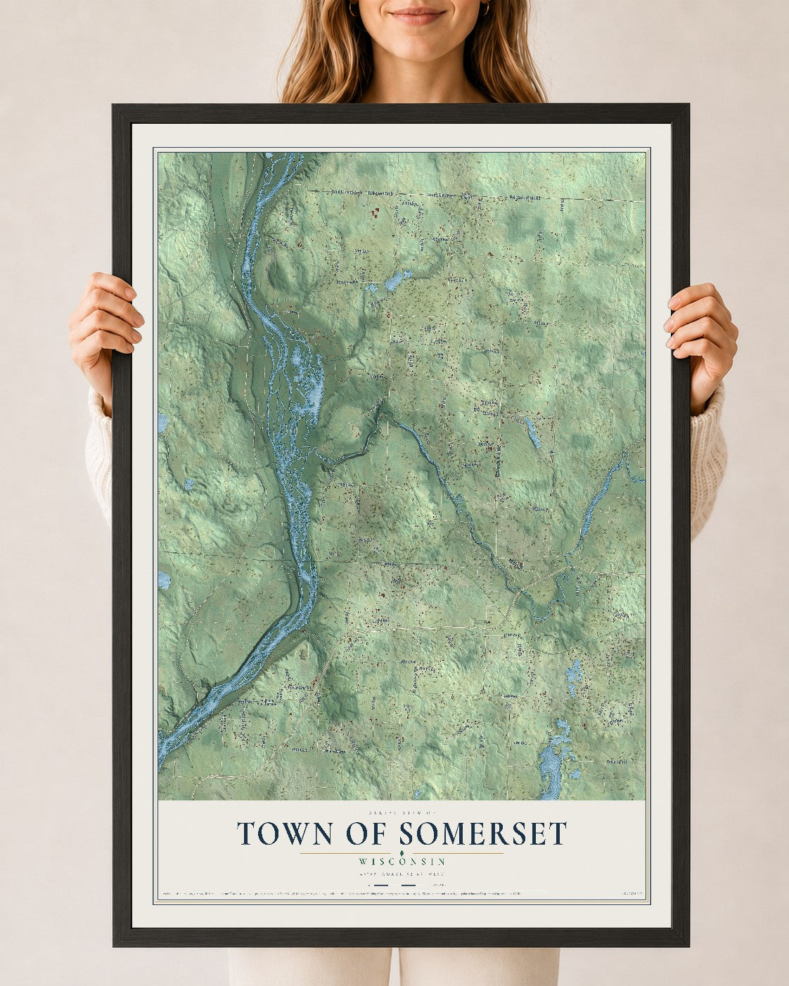 Map of the Town of Somerset, Wisconsin, 24 x 36 inch print in a black wood frame