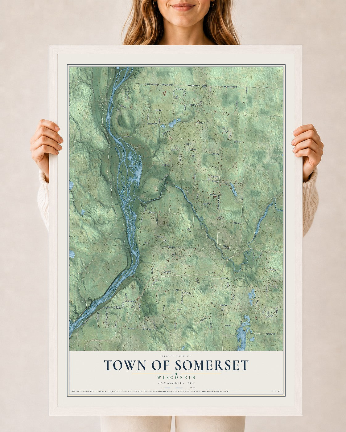 Map of the Town of Somerset, Wisconsin, 24 x 36 inch print in a white wood frame