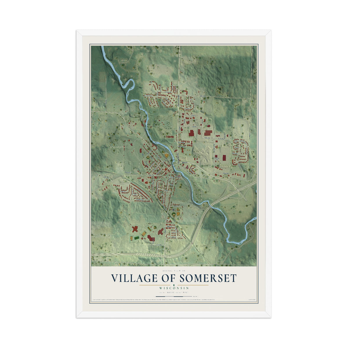Map of Somerset, Wisconsin, 12 x 18 inch print in a white wood frame