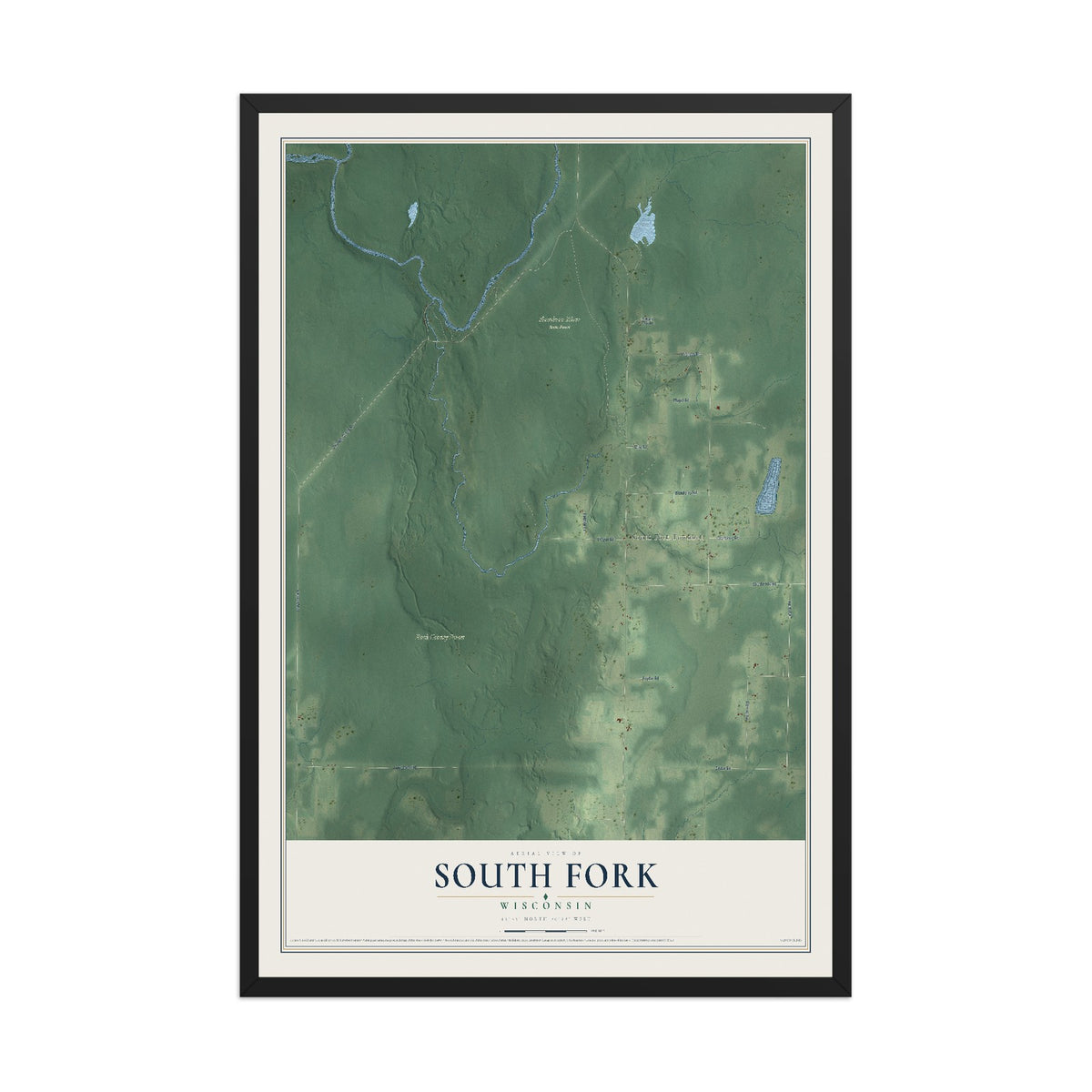 Map of South Fork, Wisconsin, 12 x 18 inch print in a black wood frame