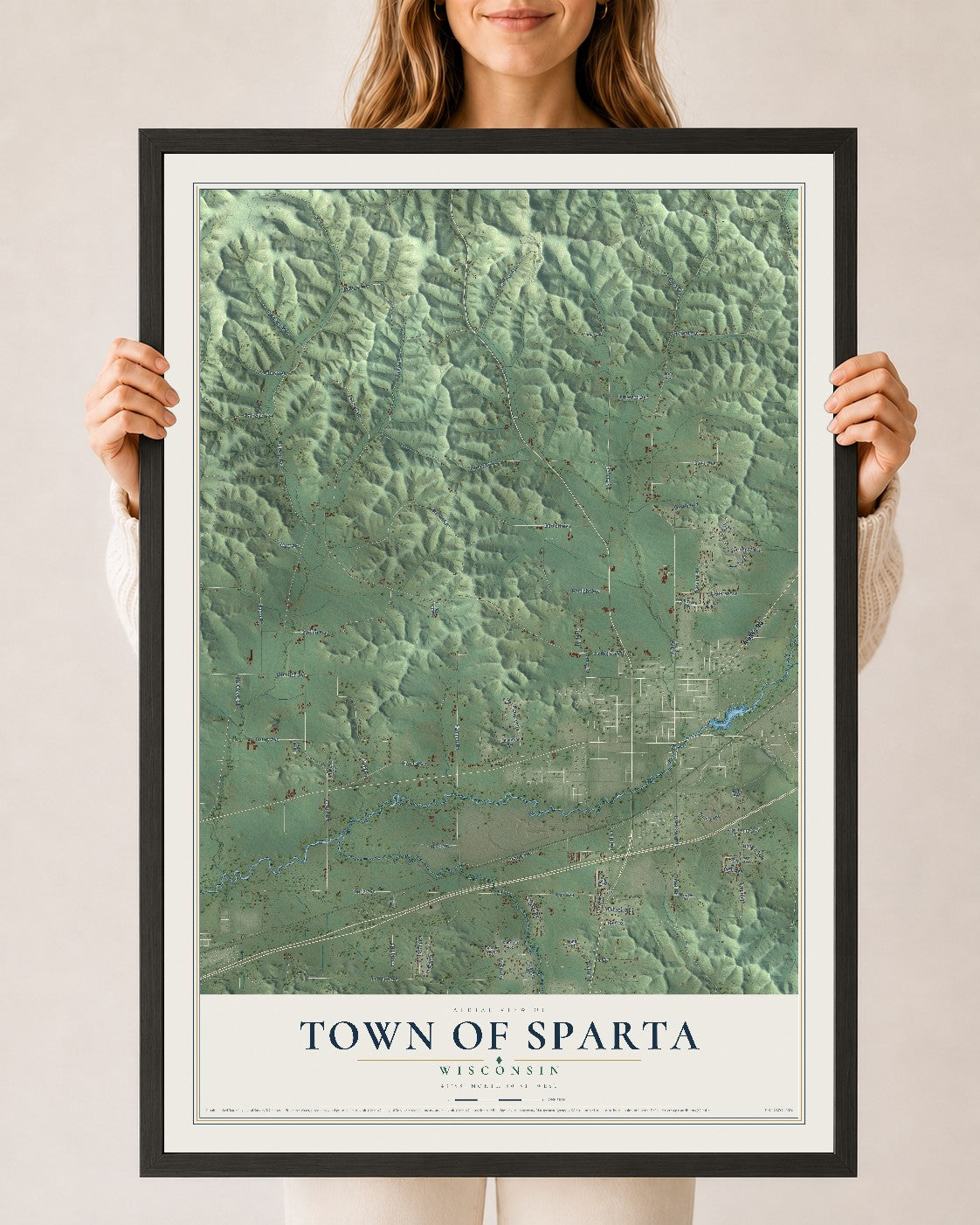 Map of the Town of Sparta, Wisconsin, 24 x 36 inch print in a black wood frame