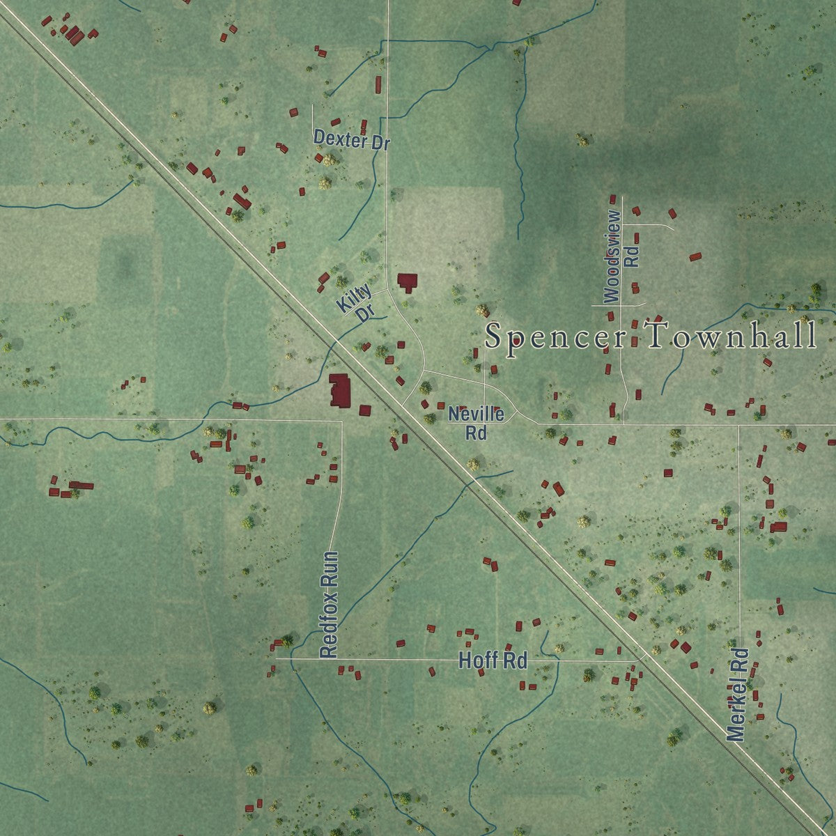 Second close-up of the map of the Town of Spencer, Wisconsin print showing more streets and buildings