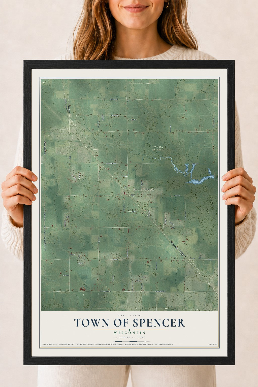 Map of the Town of Spencer, Wisconsin, 18 x 24 inch print in a black wood frame