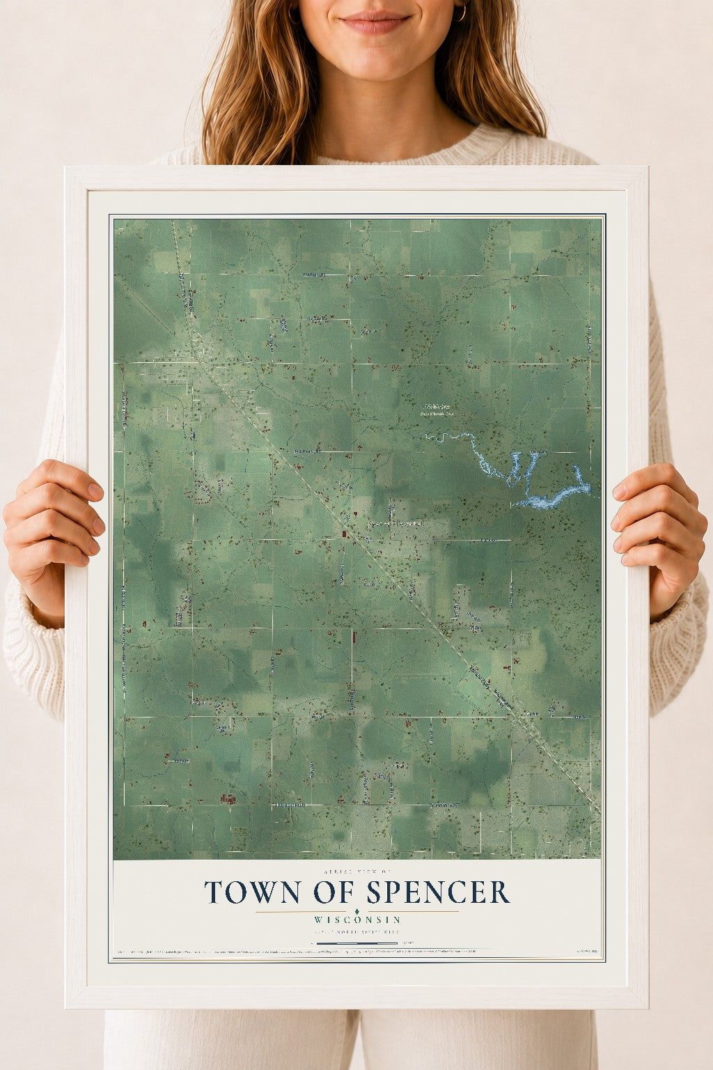 Map of the Town of Spencer, Wisconsin, 18 x 24 inch print in a white wood frame