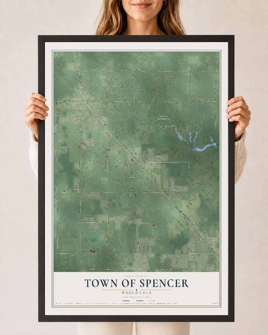 Map of the Town of Spencer, Wisconsin, 24 x 36 inch print in a black wood frame