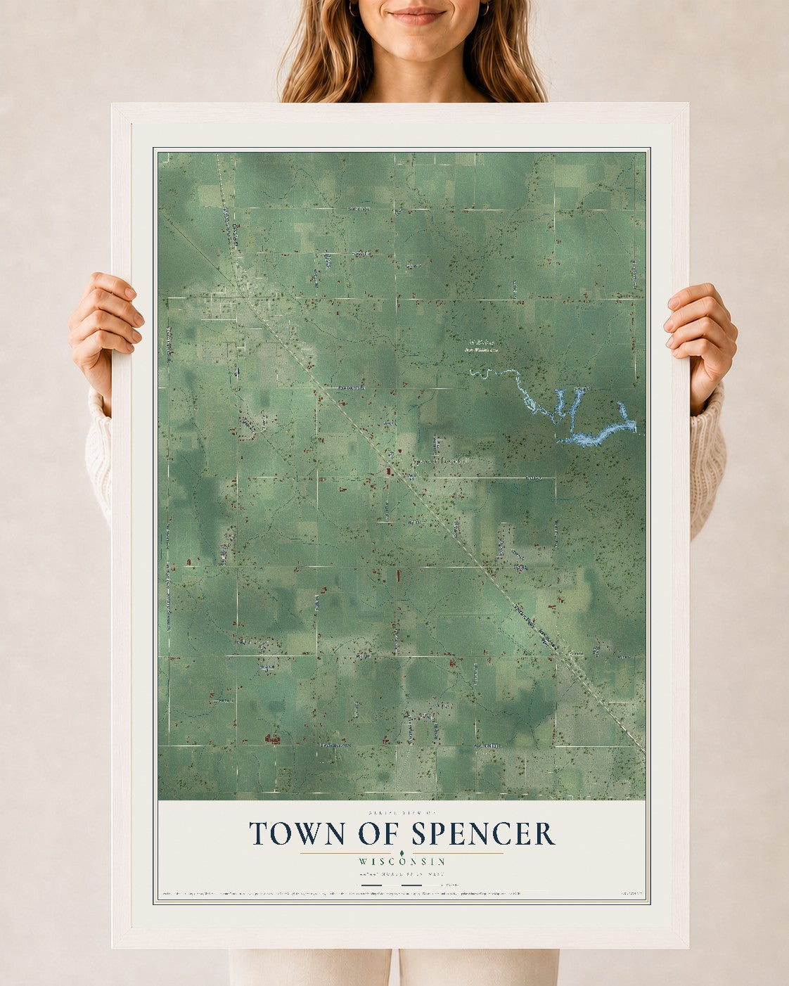 Map of the Town of Spencer, Wisconsin, 24 x 36 inch print in a white wood frame