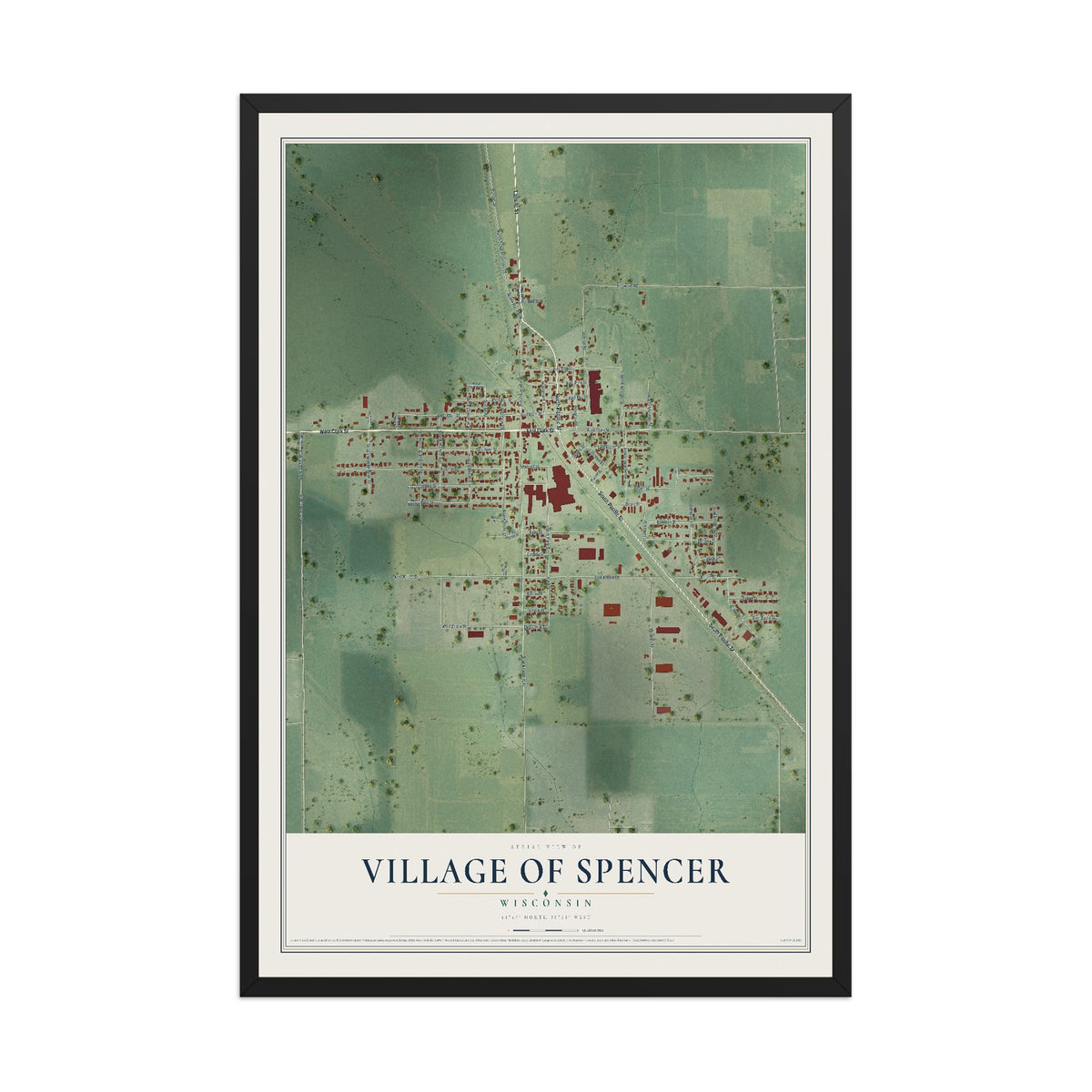 Map of Spencer, Wisconsin, 12 x 18 inch print in a black wood frame