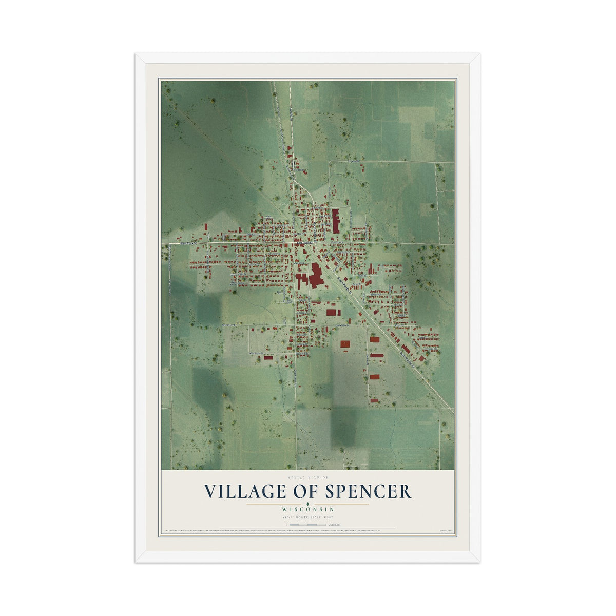 Map of Spencer, Wisconsin, 12 x 18 inch print in a white wood frame