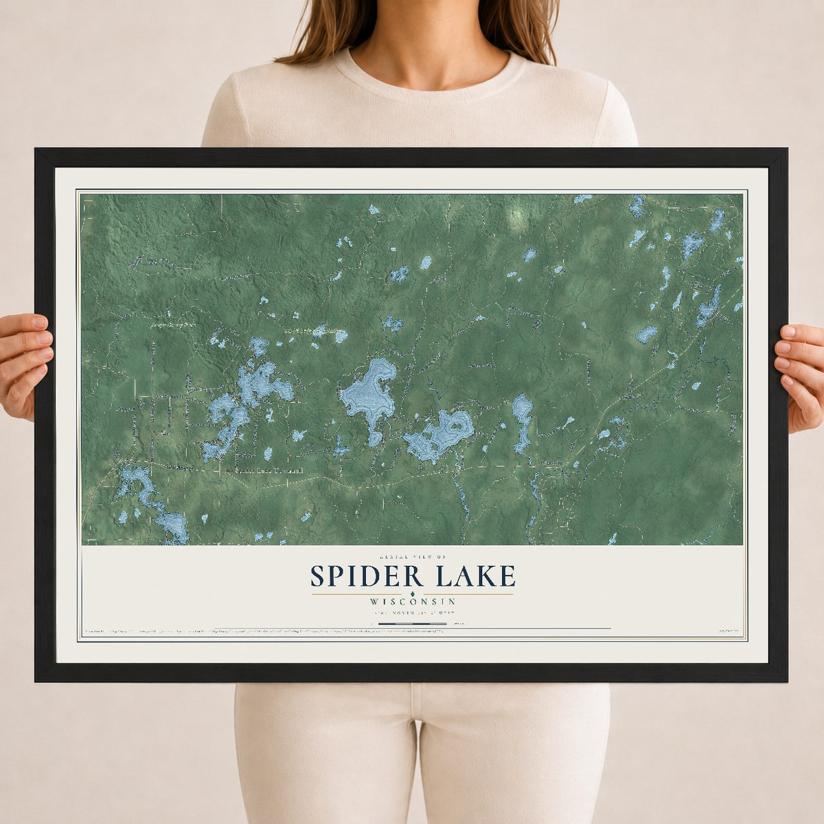 Map of Spider Lake, Wisconsin, 18 x 24 inch print in a black wood frame