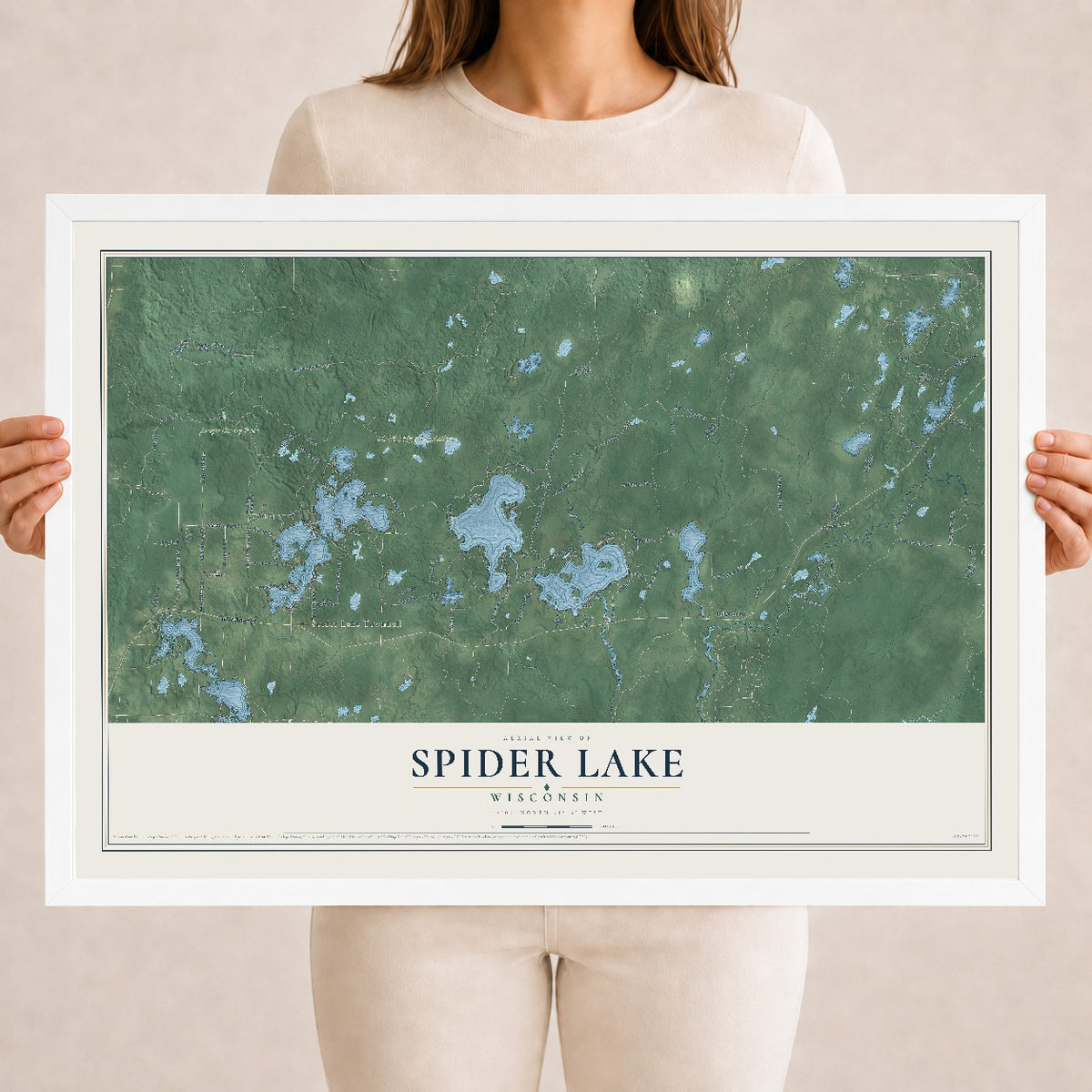Map of Spider Lake, Wisconsin, 18 x 24 inch print in a white wood frame