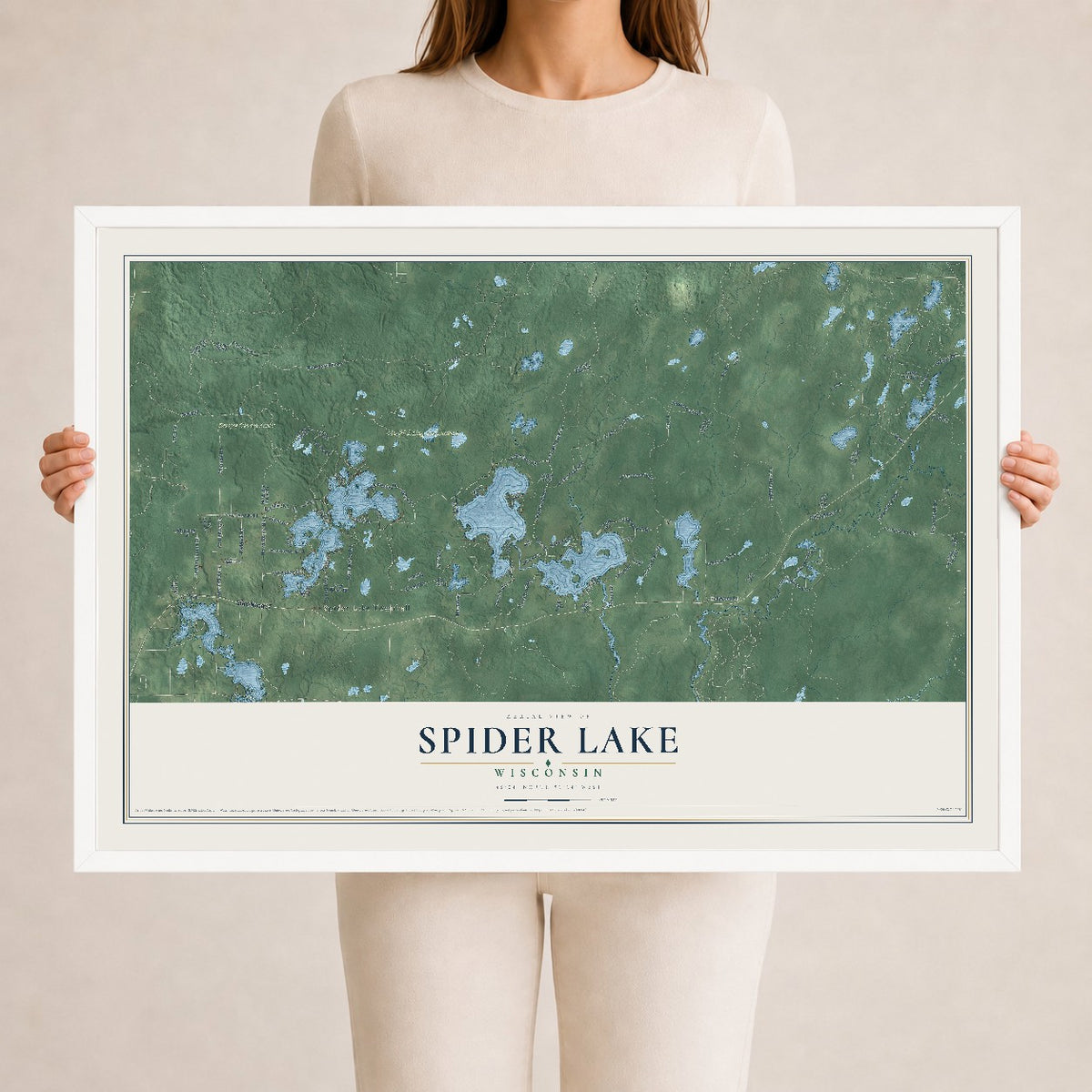 Map of Spider Lake, Wisconsin, 24 x 36 inch print in a white wood frame