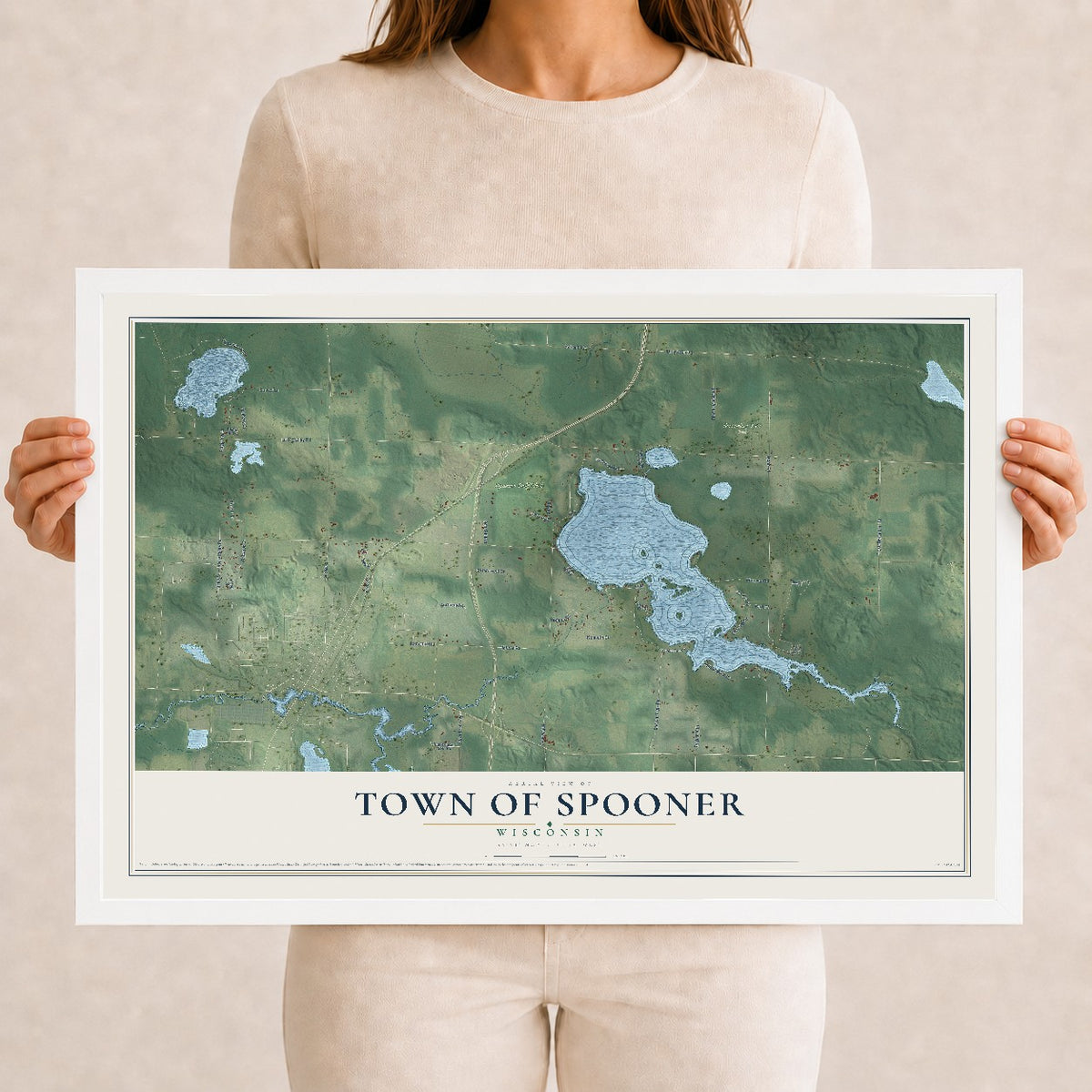 Map of the Town of Spooner, Wisconsin, 12 x 18 inch print in a white wood frame