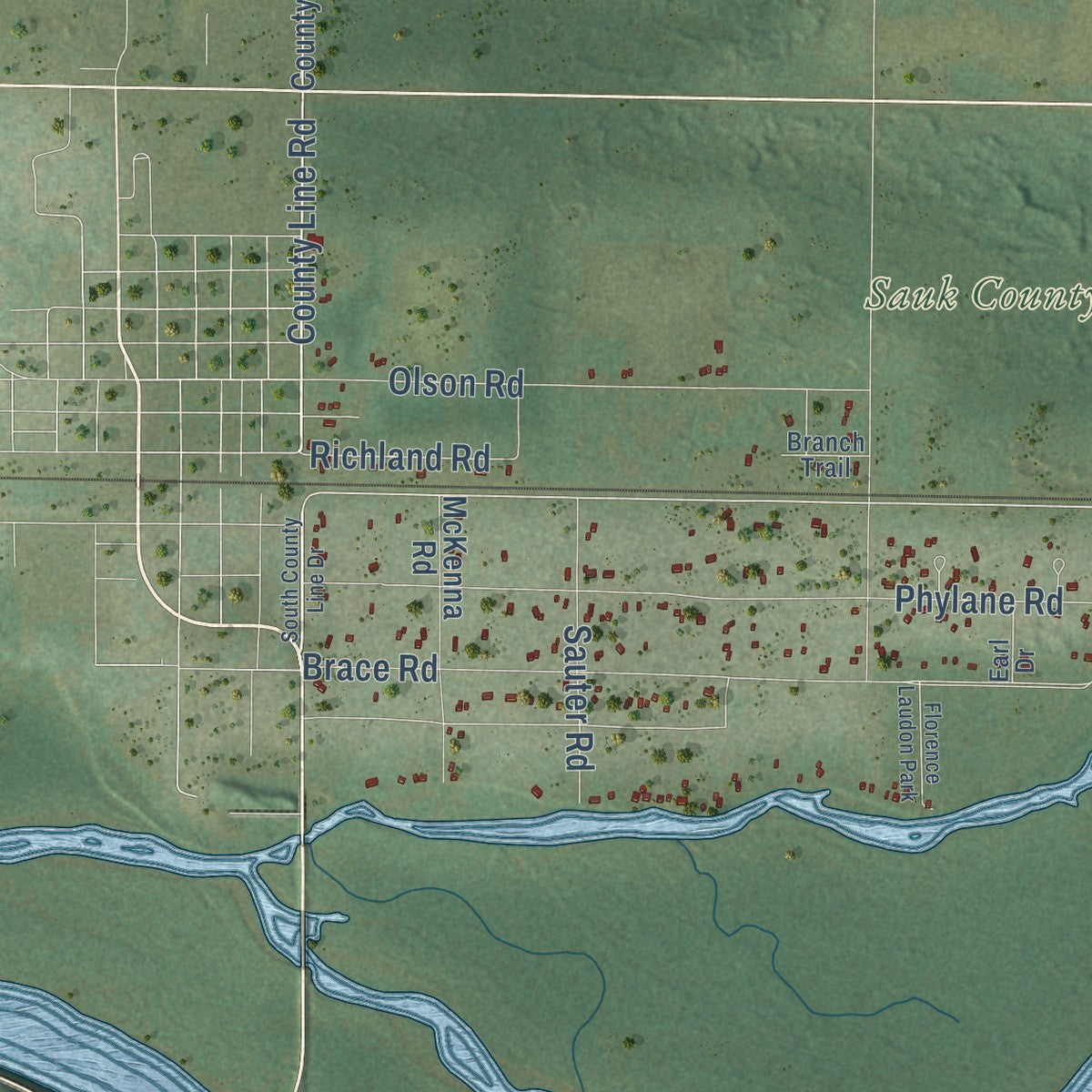 Second close-up of the map of the Town of Spring Green, Wisconsin print showing more streets and buildings