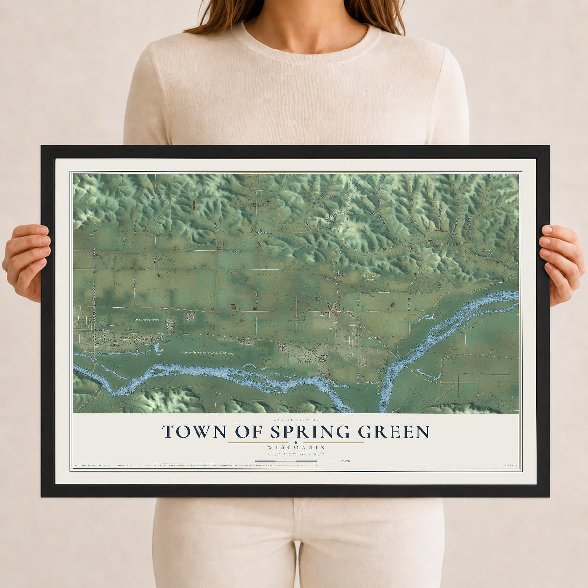 Map of the Town of Spring Green, Wisconsin, 12 x 18 inch print in a black wood frame