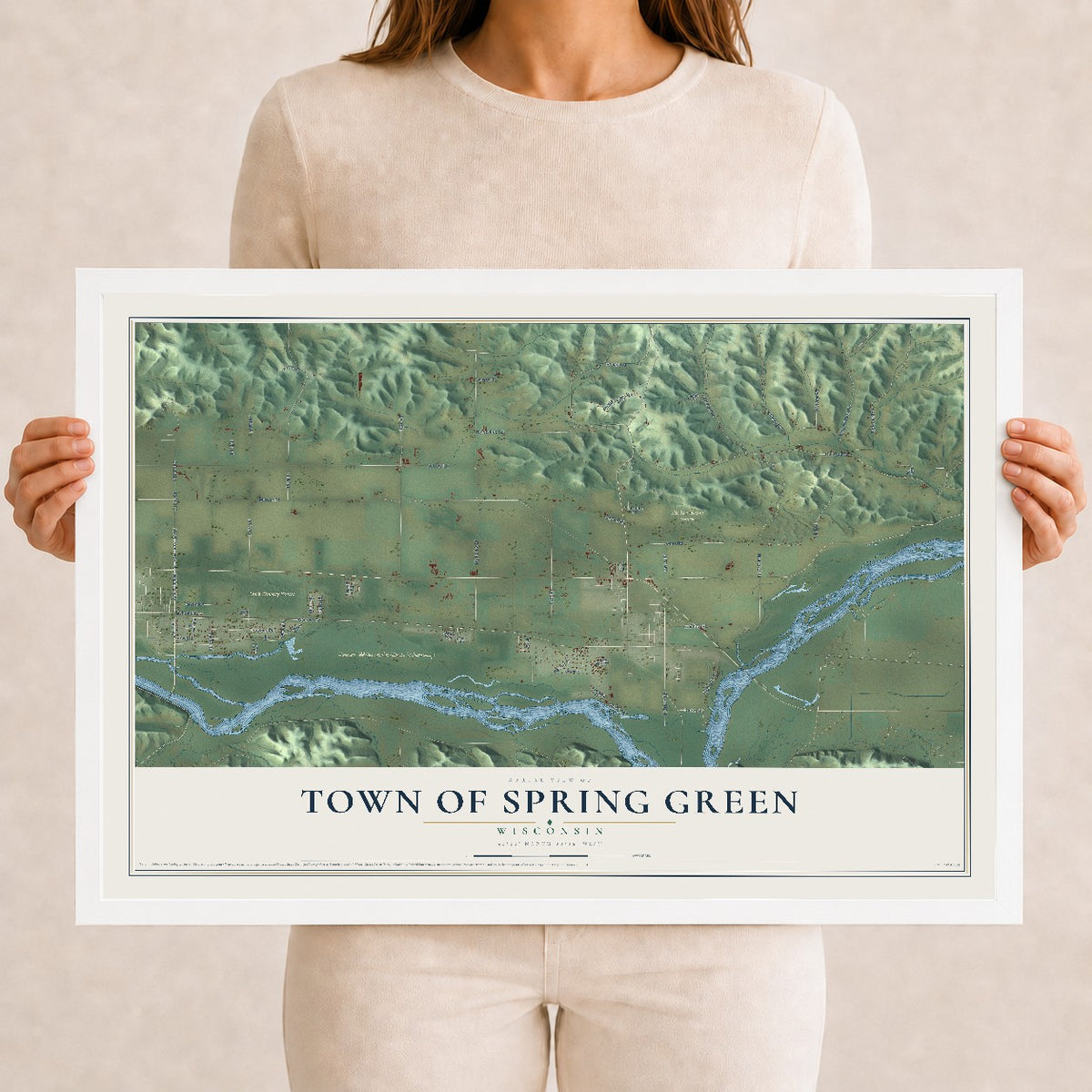 Map of the Town of Spring Green, Wisconsin, 12 x 18 inch print in a white wood frame