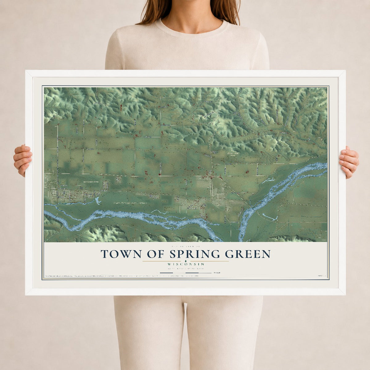 Map of the Town of Spring Green, Wisconsin, 24 x 36 inch print in a white wood frame