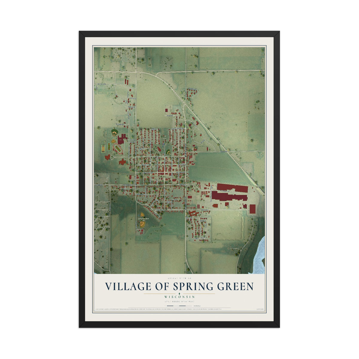 Map of Spring Green, Wisconsin, 12 x 18 inch print in a black wood frame