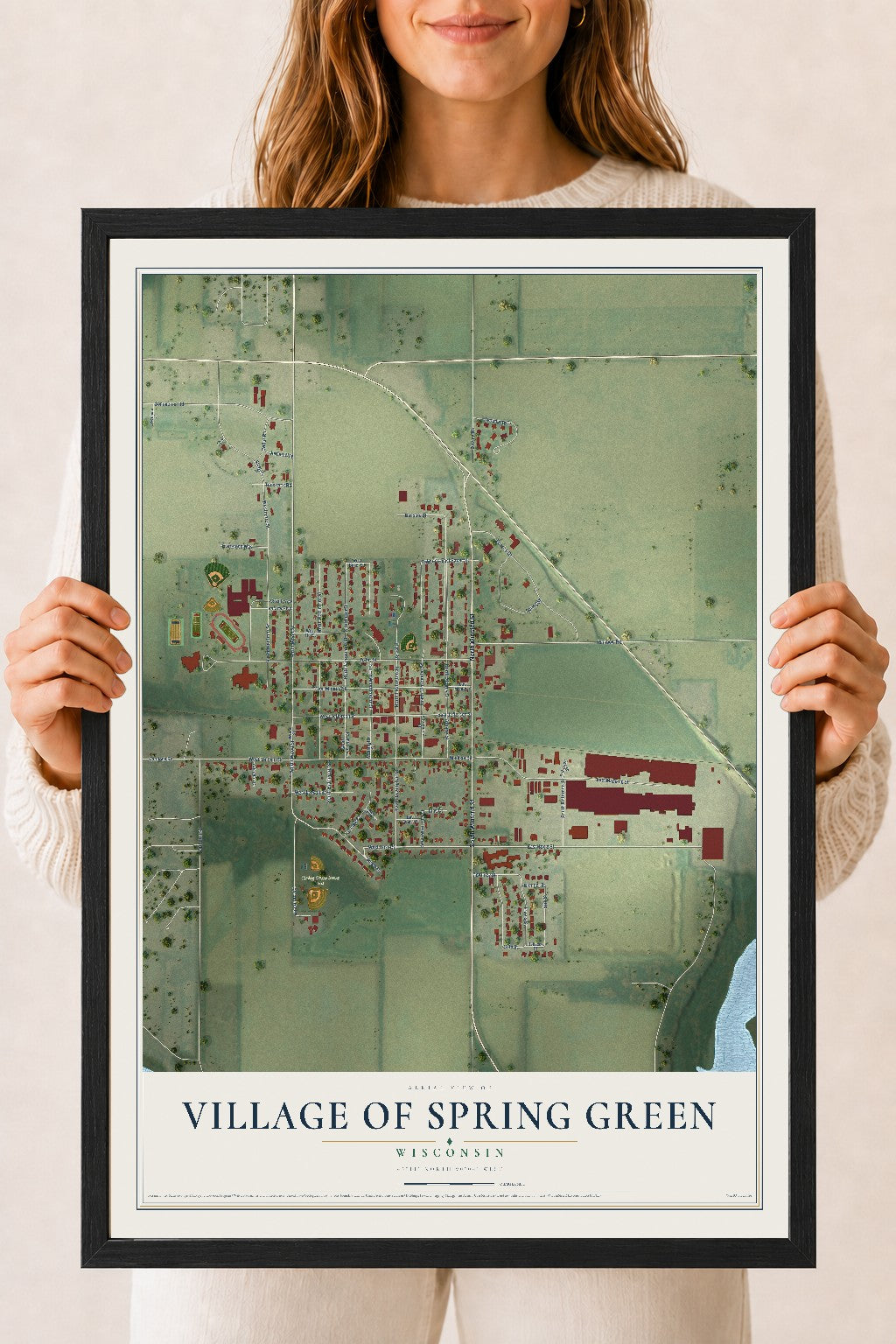 Map of Spring Green, Wisconsin, 18 x 24 inch print in a black wood frame