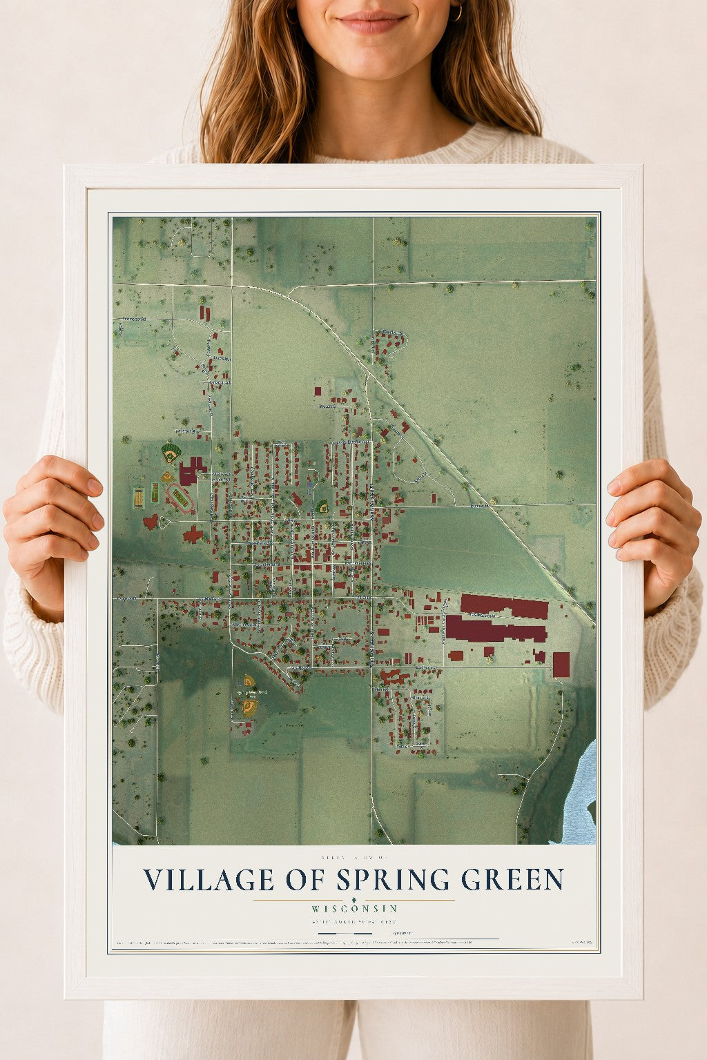Map of Spring Green, Wisconsin, 18 x 24 inch print in a white wood frame