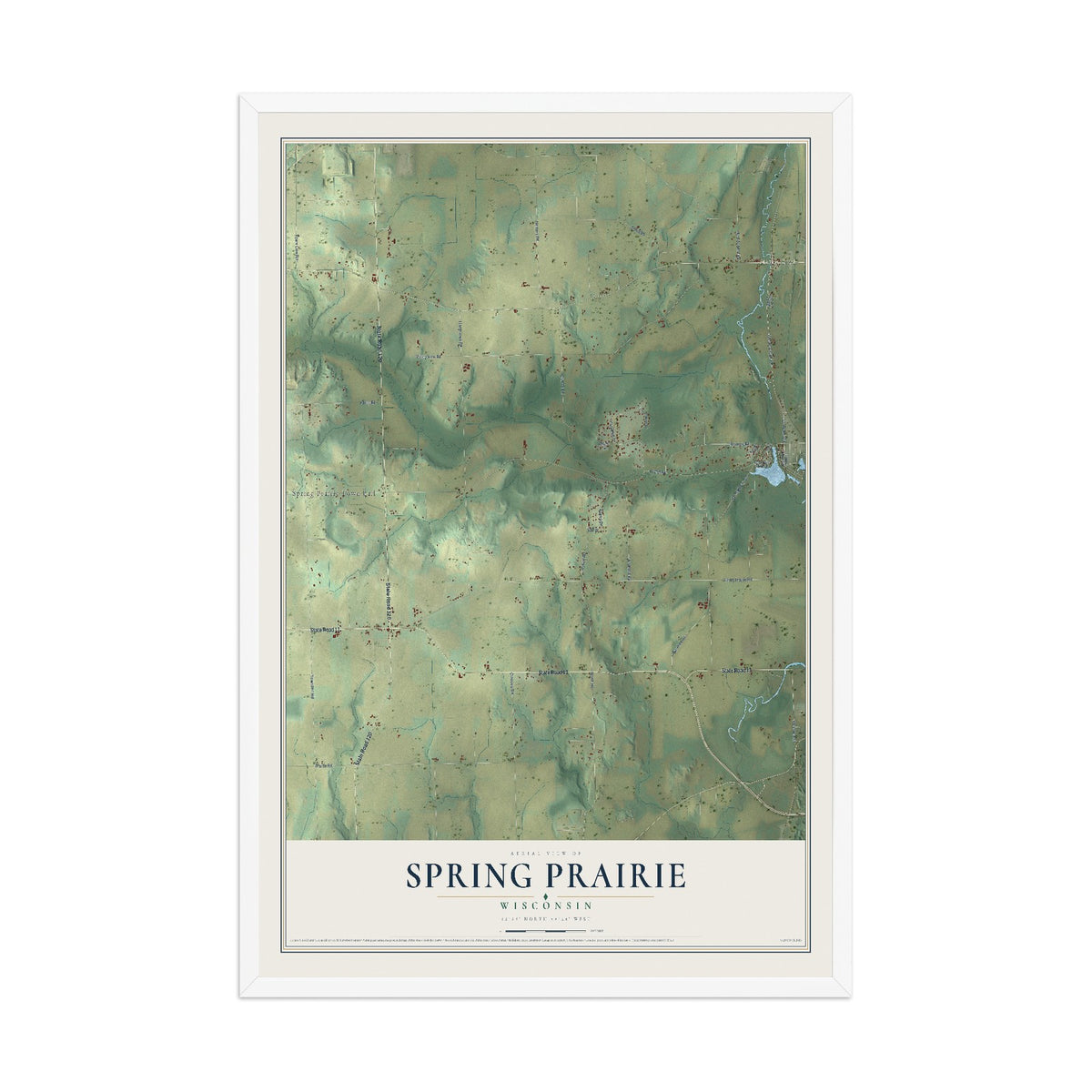 Map of Spring Prairie, Wisconsin, 12 x 18 inch print in a white wood frame