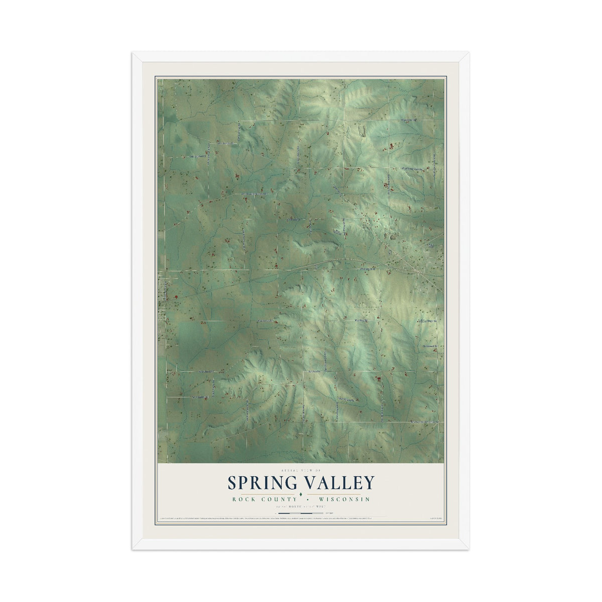 Map of Spring Valley, Rock County, Wisconsin, 12 x 18 inch print in a white wood frame
