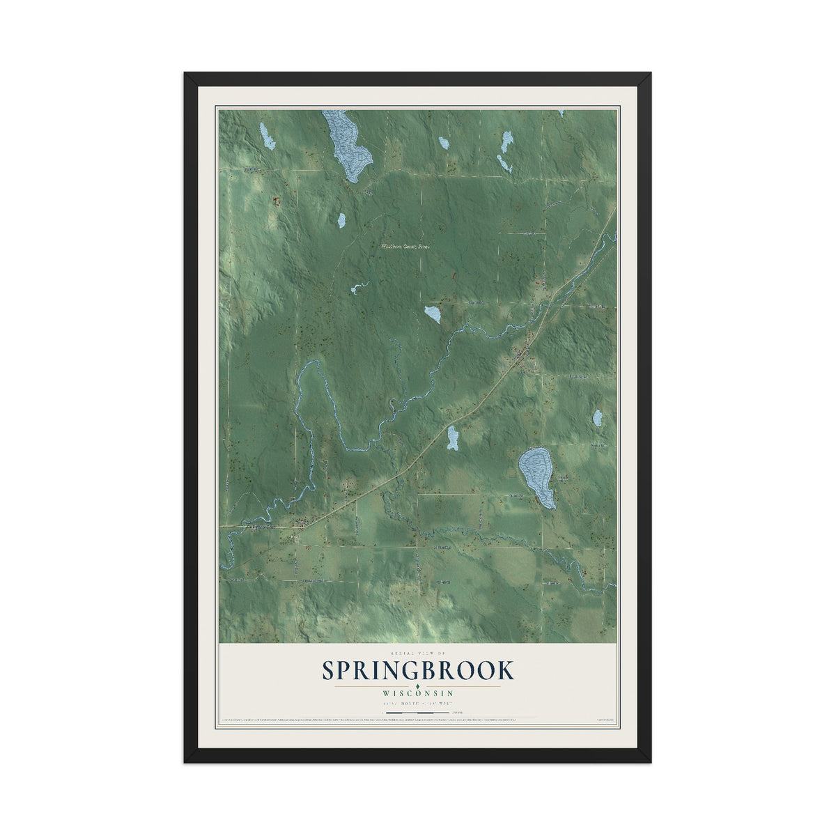 Map of Springbrook, Wisconsin, 12 x 18 inch print in a black wood frame