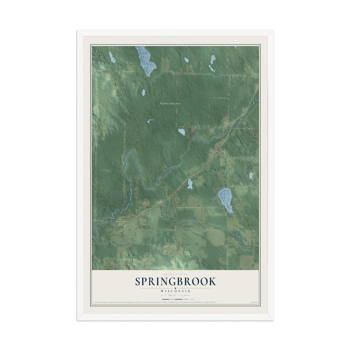 Map of Springbrook, Wisconsin, 12 x 18 inch print in a white wood frame