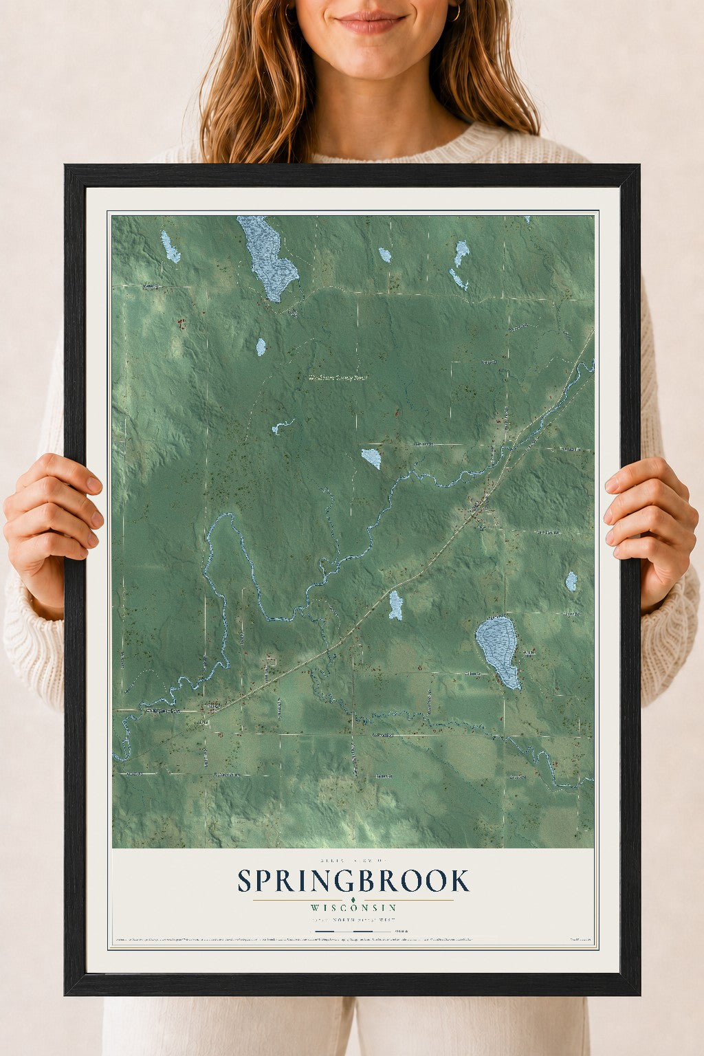 Map of Springbrook, Wisconsin, 18 x 24 inch print in a black wood frame