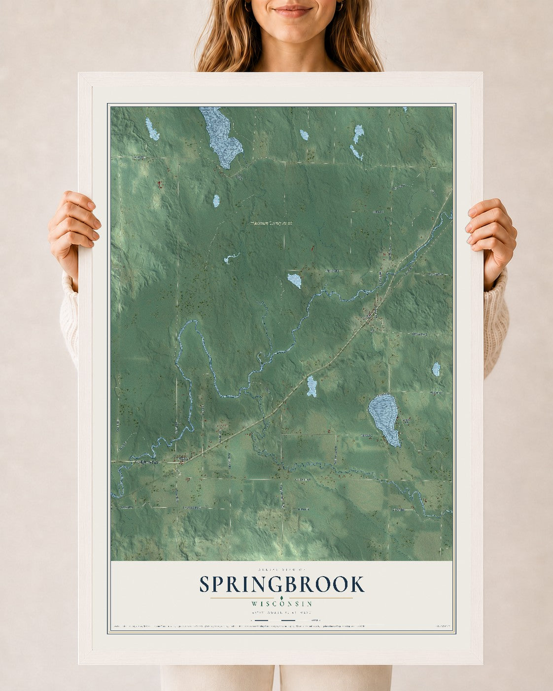Map of Springbrook, Wisconsin, 24 x 36 inch print in a white wood frame