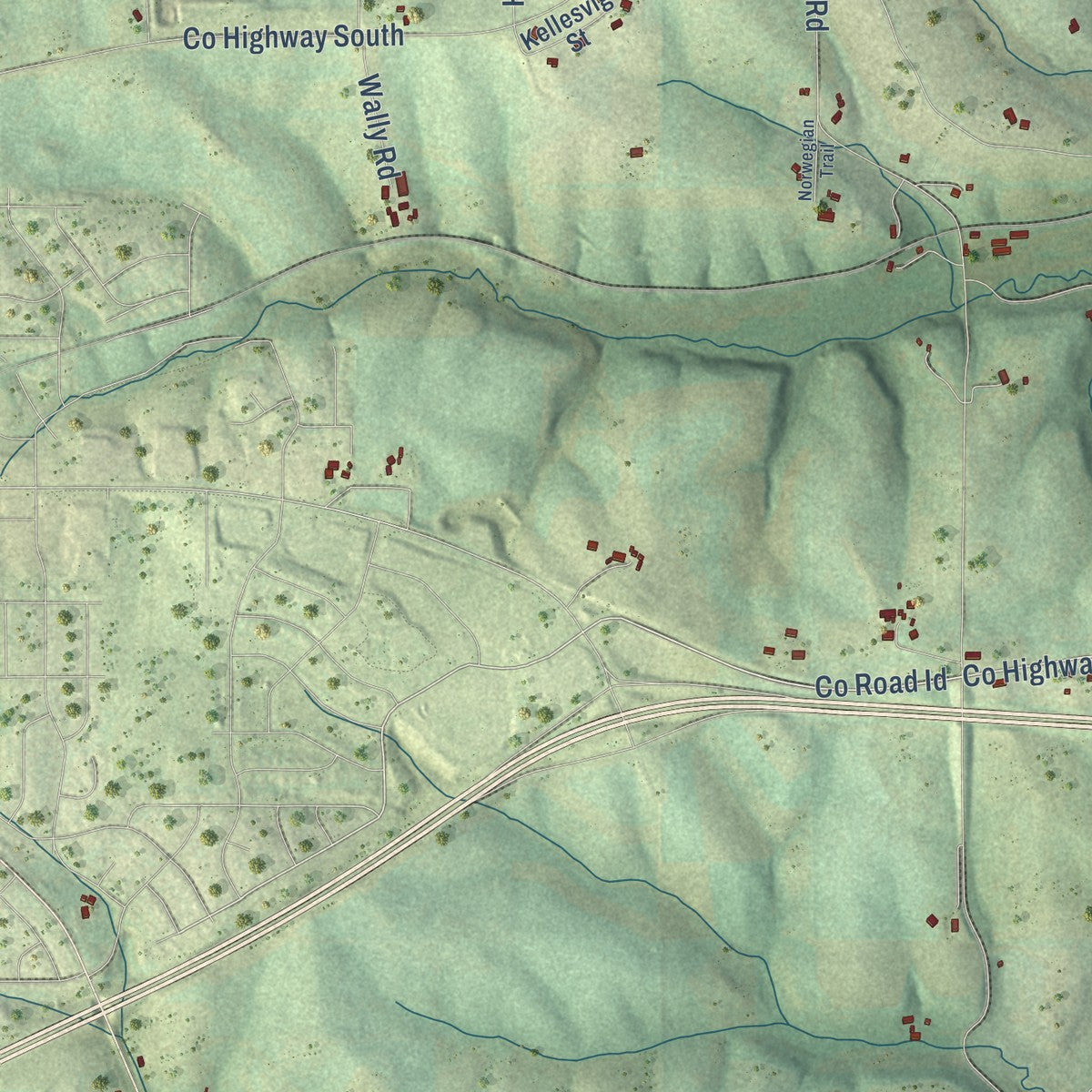 Close-up of the map of Springdale, Wisconsin print showing street and building detail