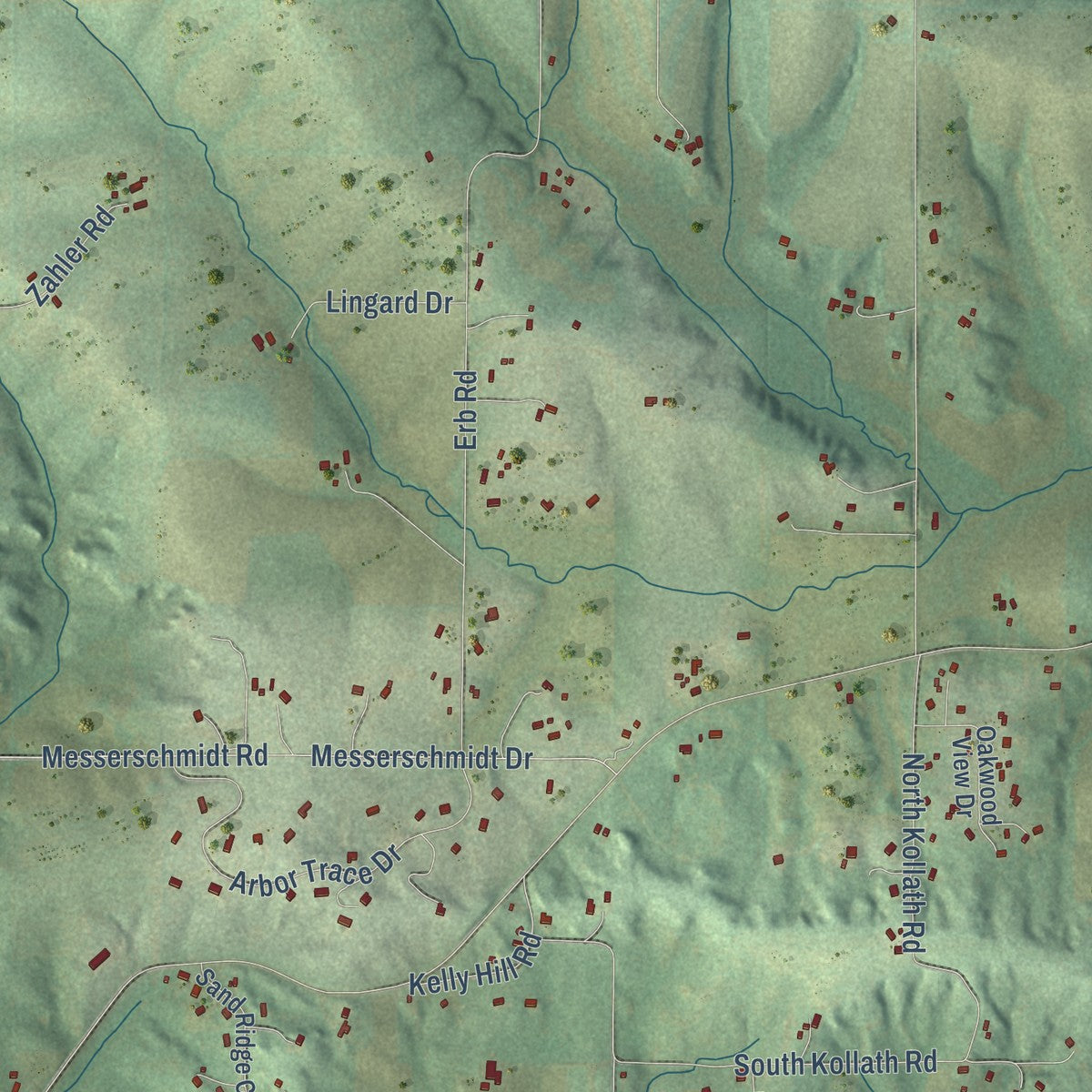 Second close-up of the map of Springdale, Wisconsin print showing more streets and buildings