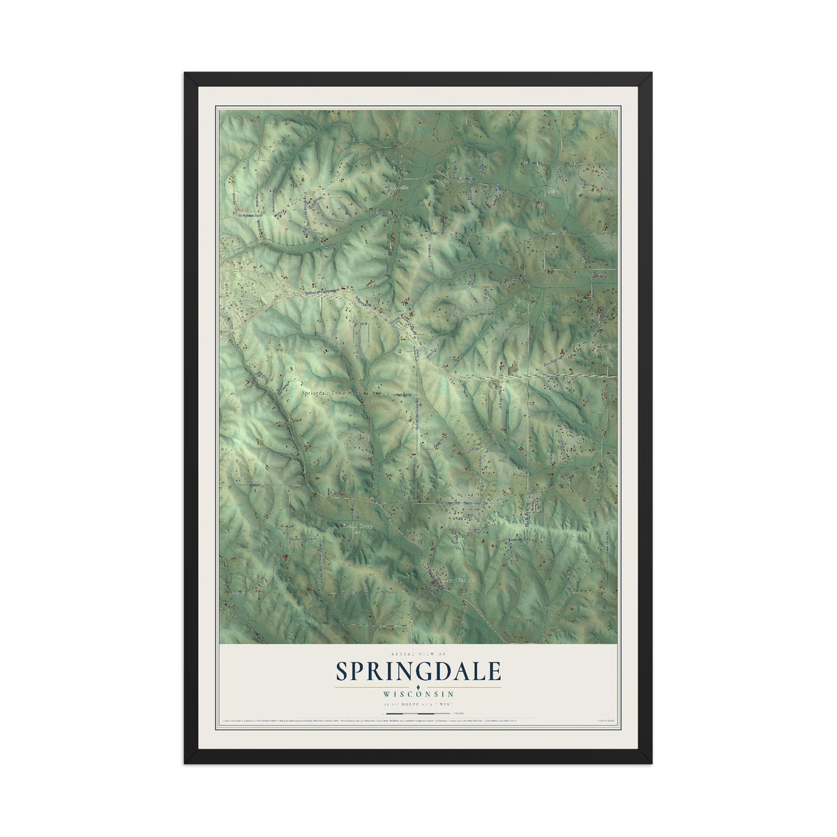 Map of Springdale, Wisconsin, 12 x 18 inch print in a black wood frame