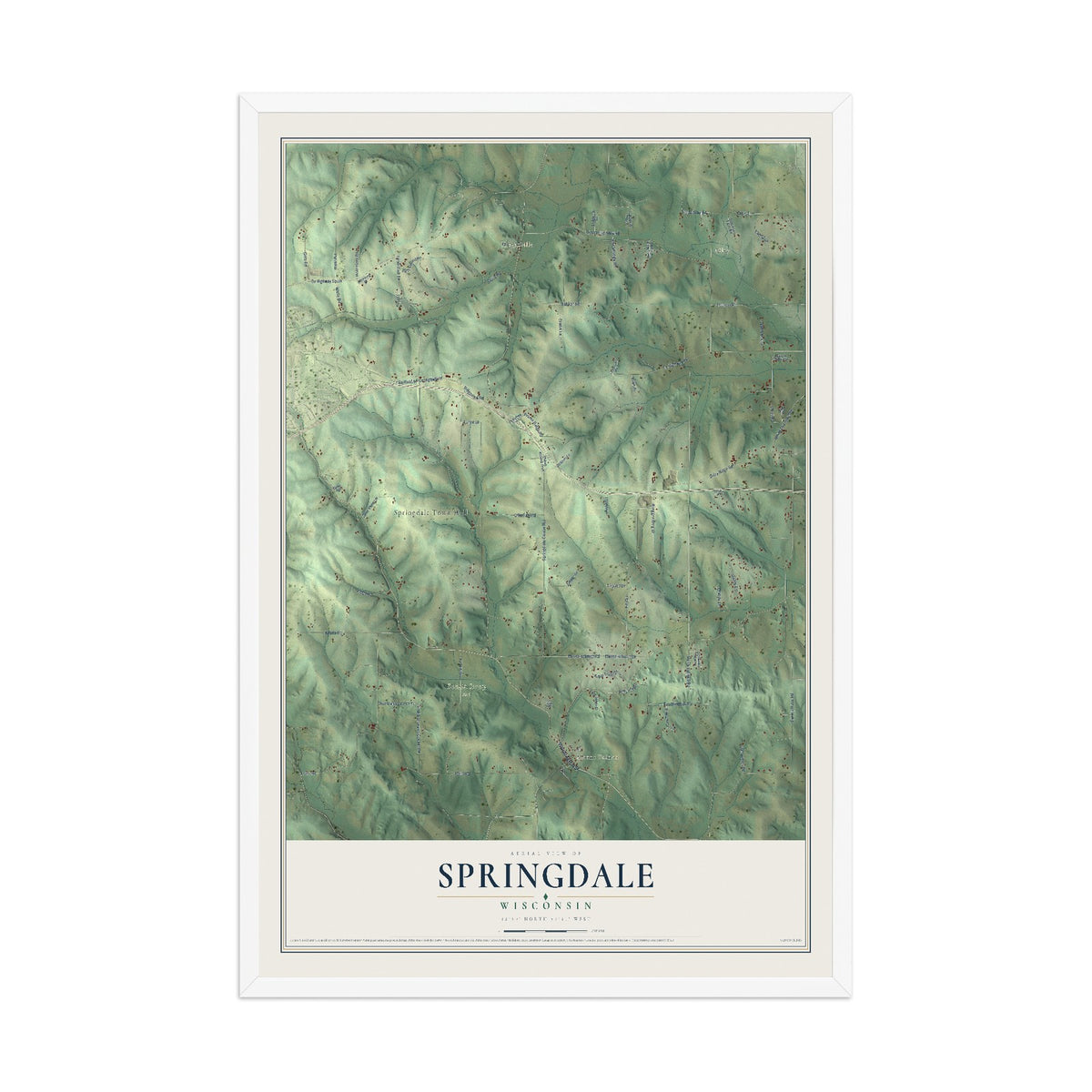 Map of Springdale, Wisconsin, 12 x 18 inch print in a white wood frame